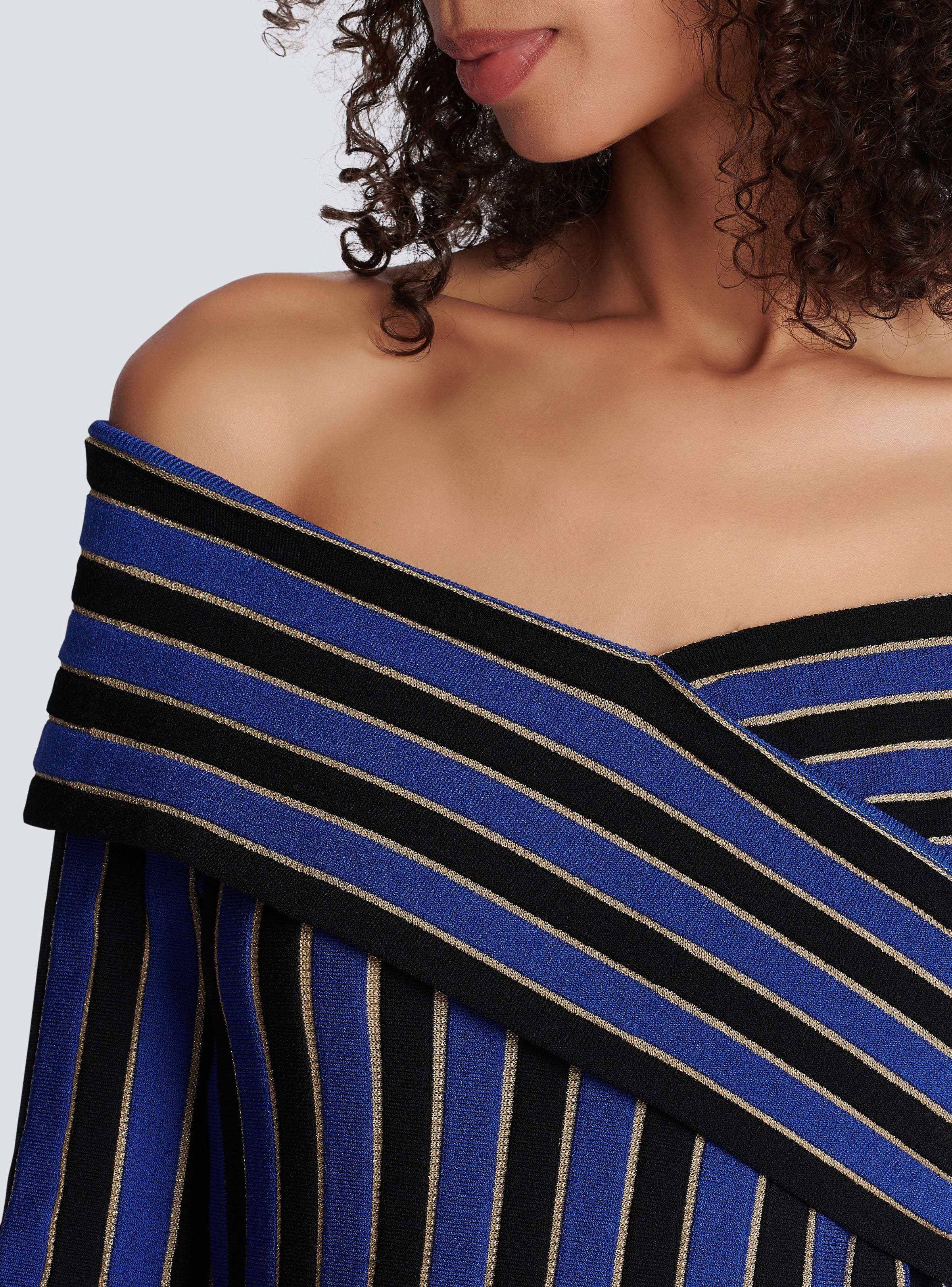 BALMAIN WOMEN'S ELECTRIC BLUE LUREX OFF-SHOULDER PLEATED DRESS - Image 6