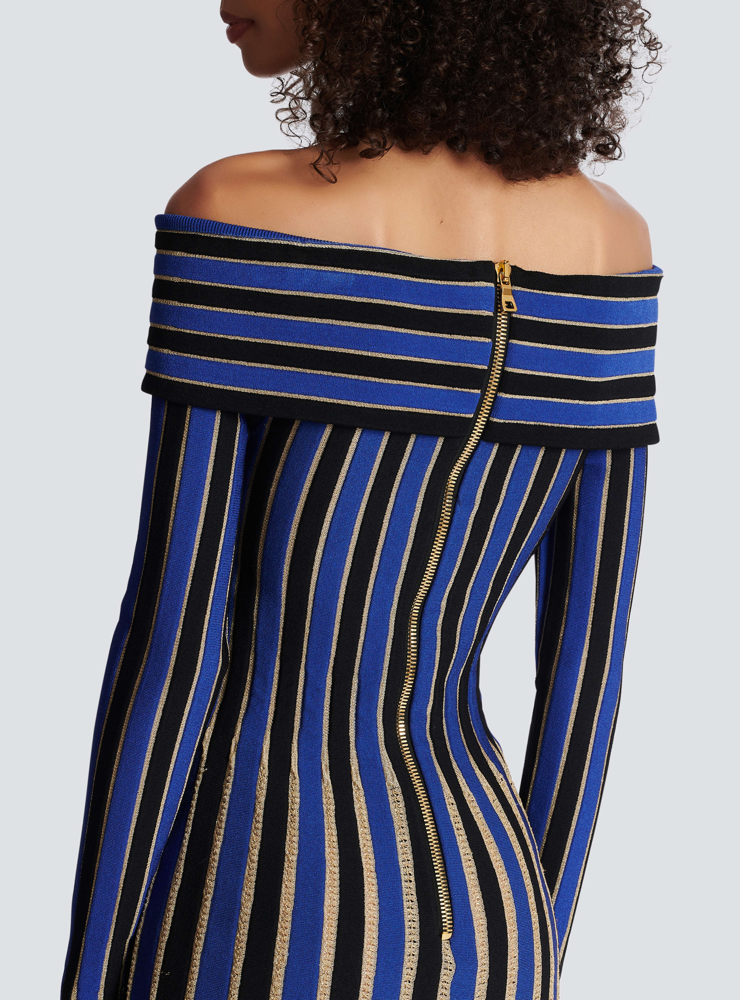 BALMAIN WOMEN'S ELECTRIC BLUE LUREX OFF-SHOULDER PLEATED DRESS - Image 7
