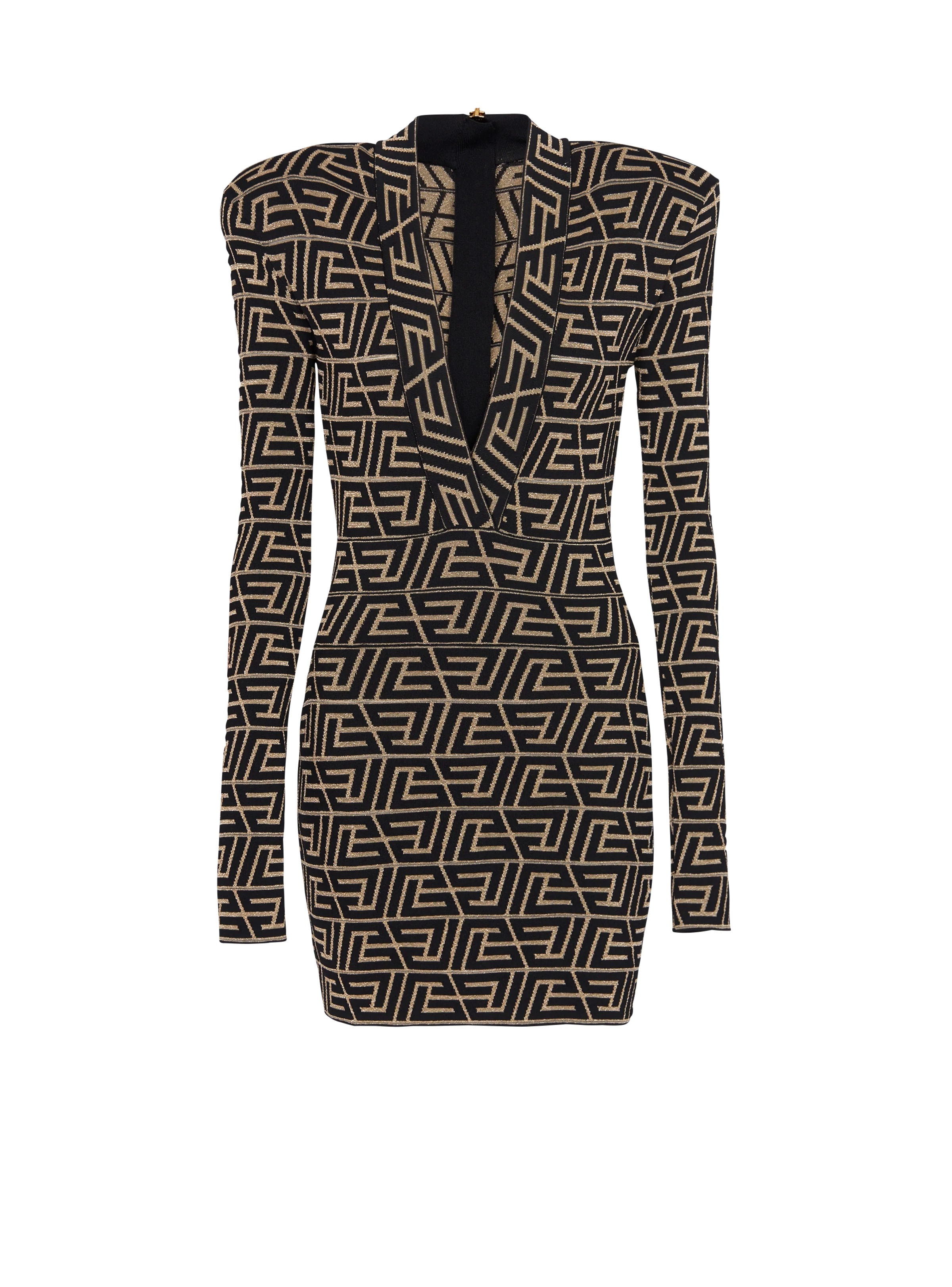 BALMAIN WOMEN'S LS V NECK PYRAMIDE PB KNIT SHORT DRESS NWT