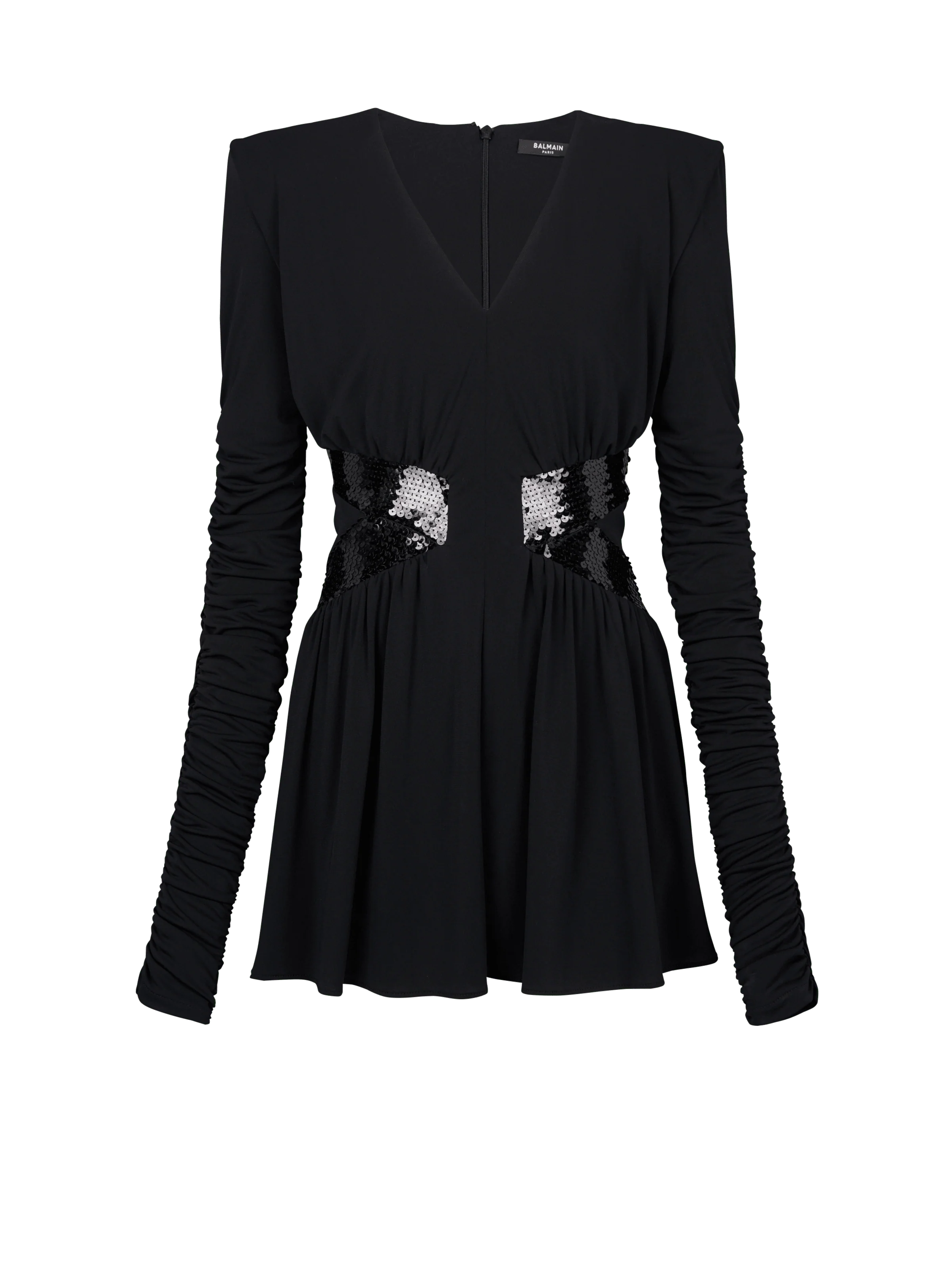 BALMAIN WOMEN'S LS V SEQUIN WAISTED JERSEY SHORT DRESS NWT
