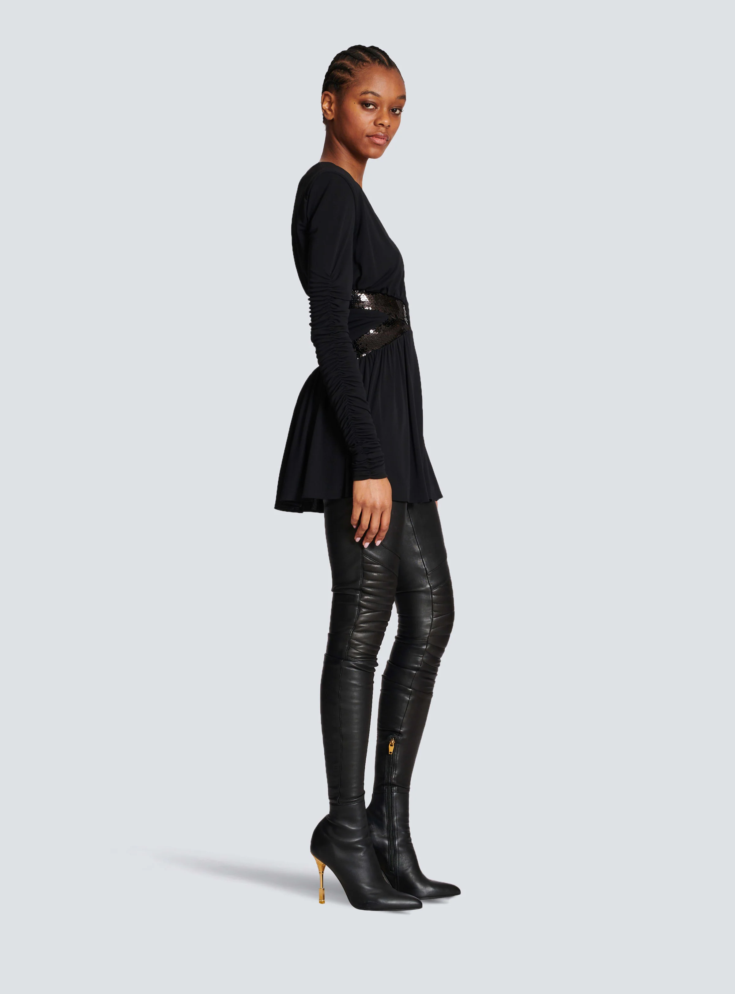 BALMAIN WOMEN'S LS V SEQUIN WAISTED JERSEY SHORT DRESS NWT - Image 3