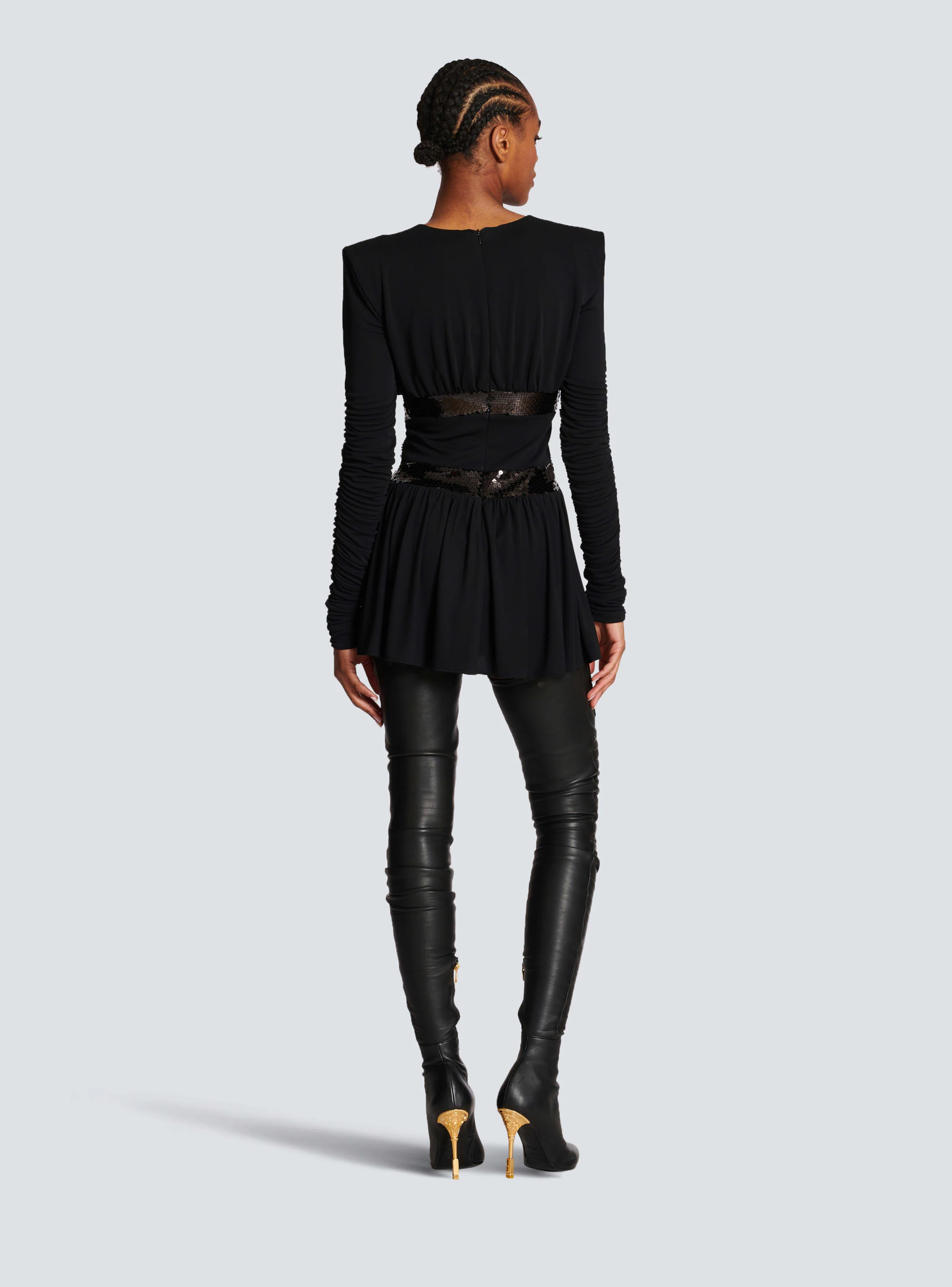 BALMAIN WOMEN'S LS V SEQUIN WAISTED JERSEY SHORT DRESS NWT - Image 4