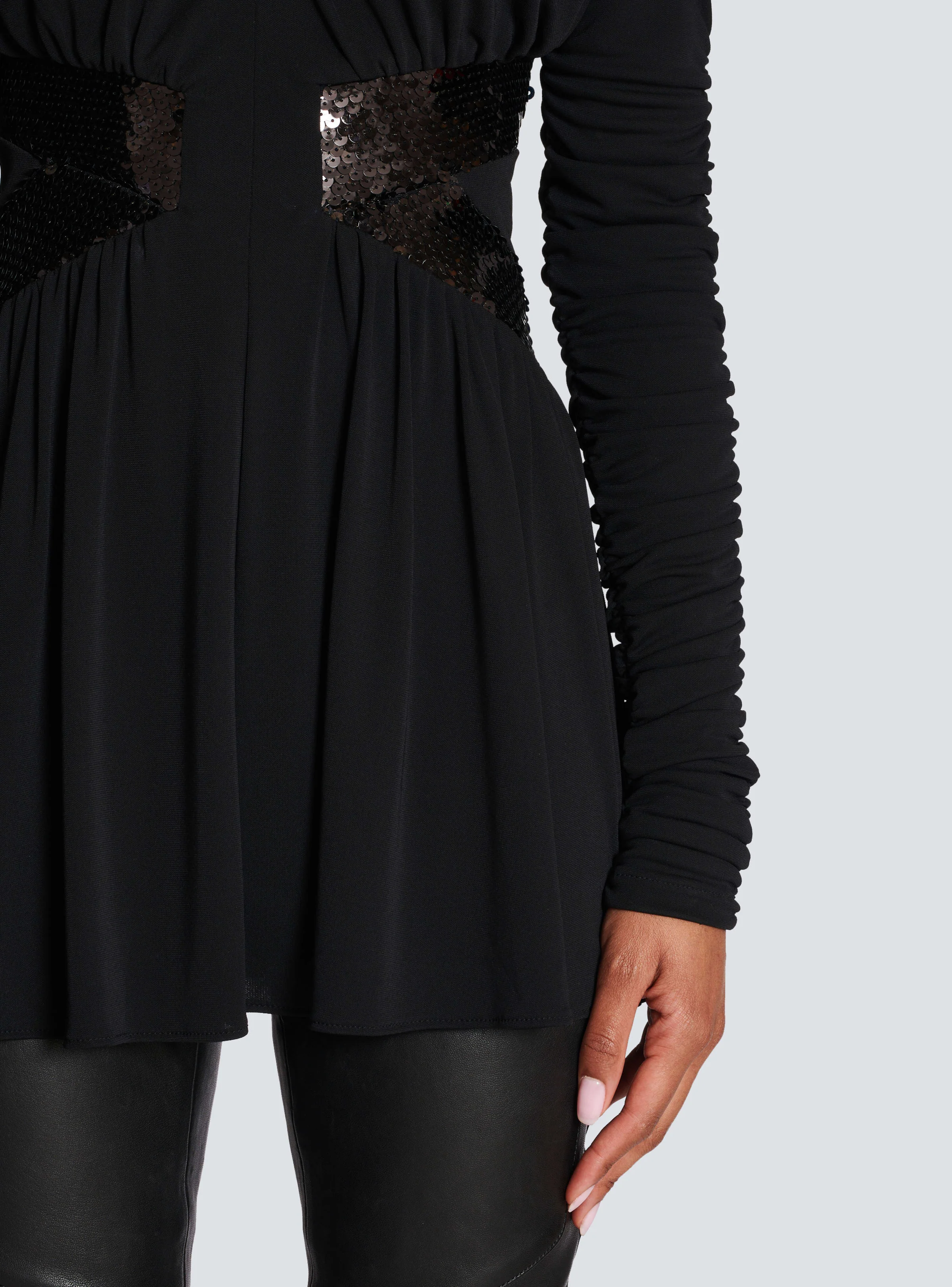 BALMAIN WOMEN'S LS V SEQUIN WAISTED JERSEY SHORT DRESS NWT - Image 6