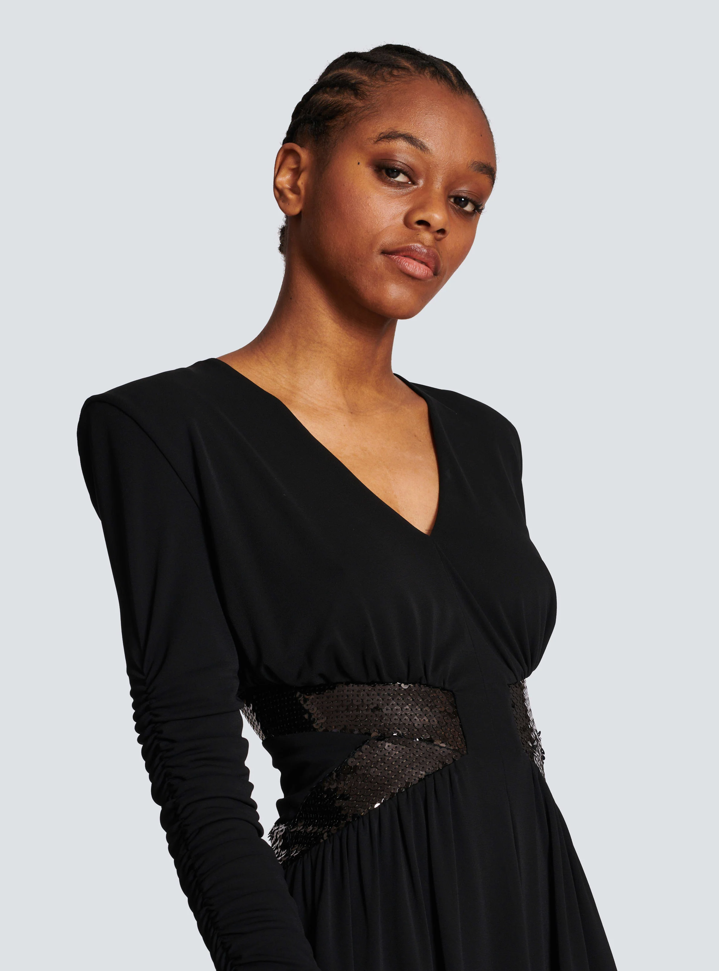 BALMAIN WOMEN'S LS V SEQUIN WAISTED JERSEY SHORT DRESS NWT - Image 7