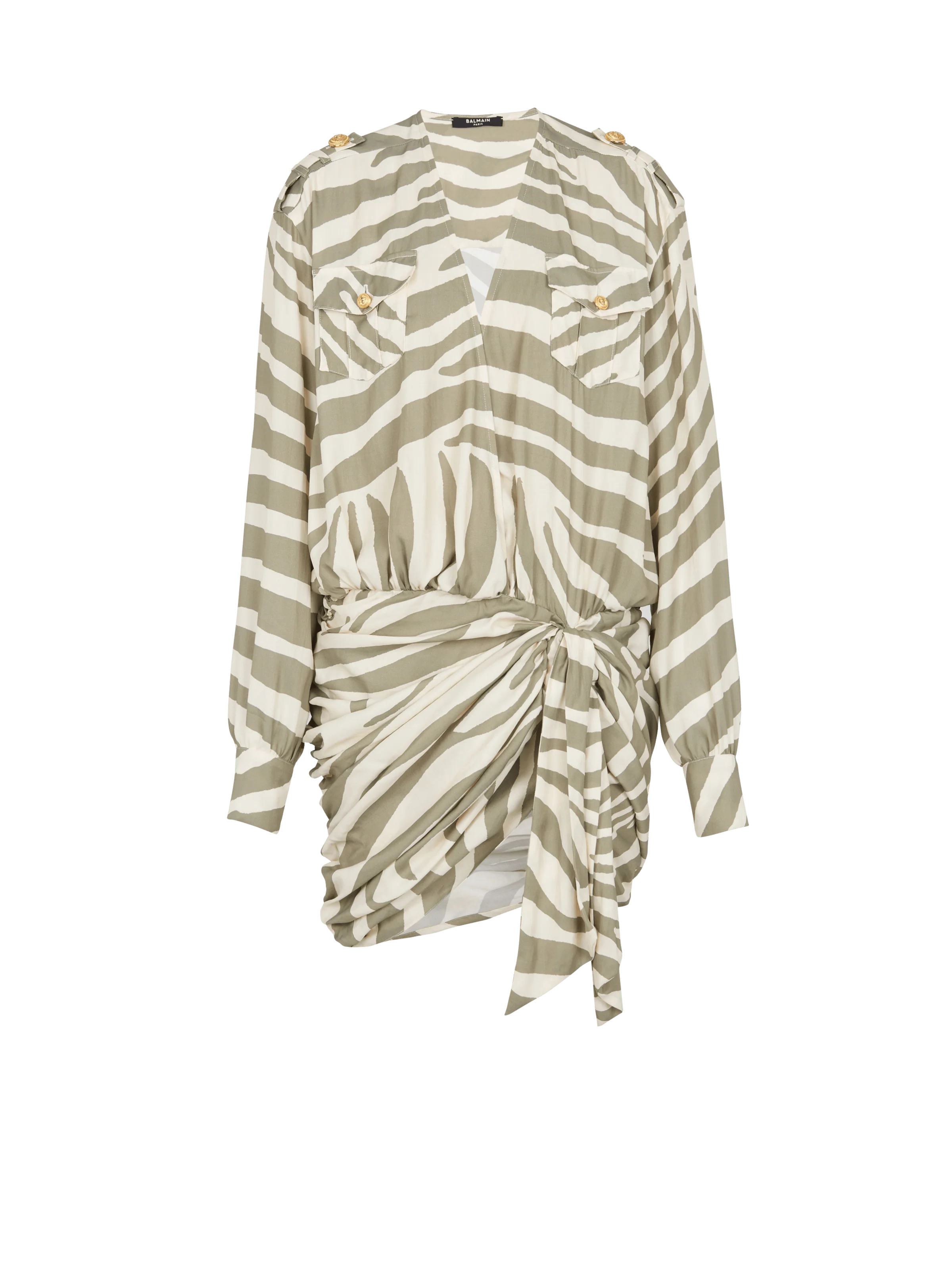 BALMAIN WOMEN'S LS ZEBRA PRINTED DRAPED SHORT DRESS NWT