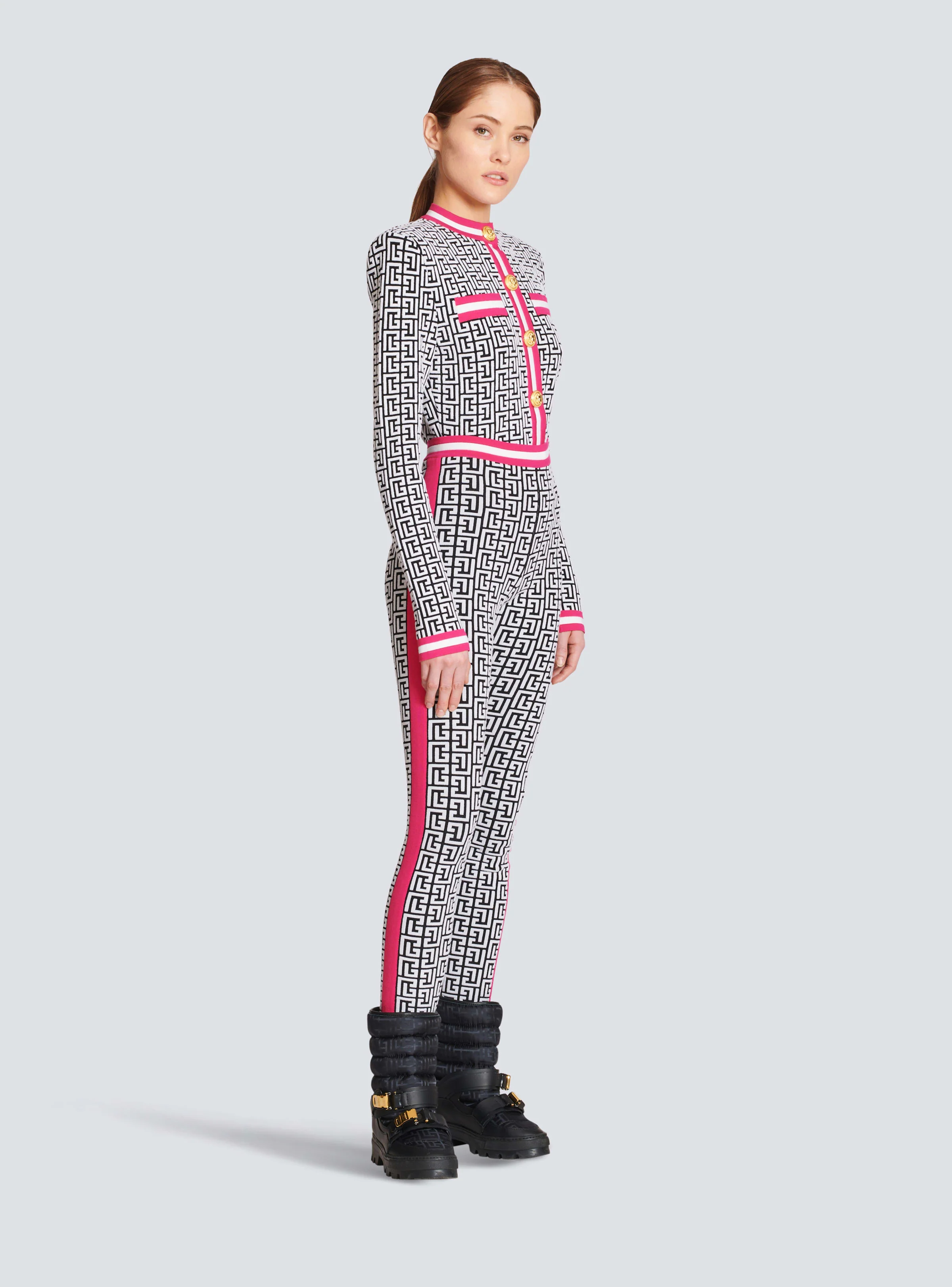 BALMAIN WOMEN'S BLACK AND WHITE MONOGRAM KNIT LEGGINGS - Image 3