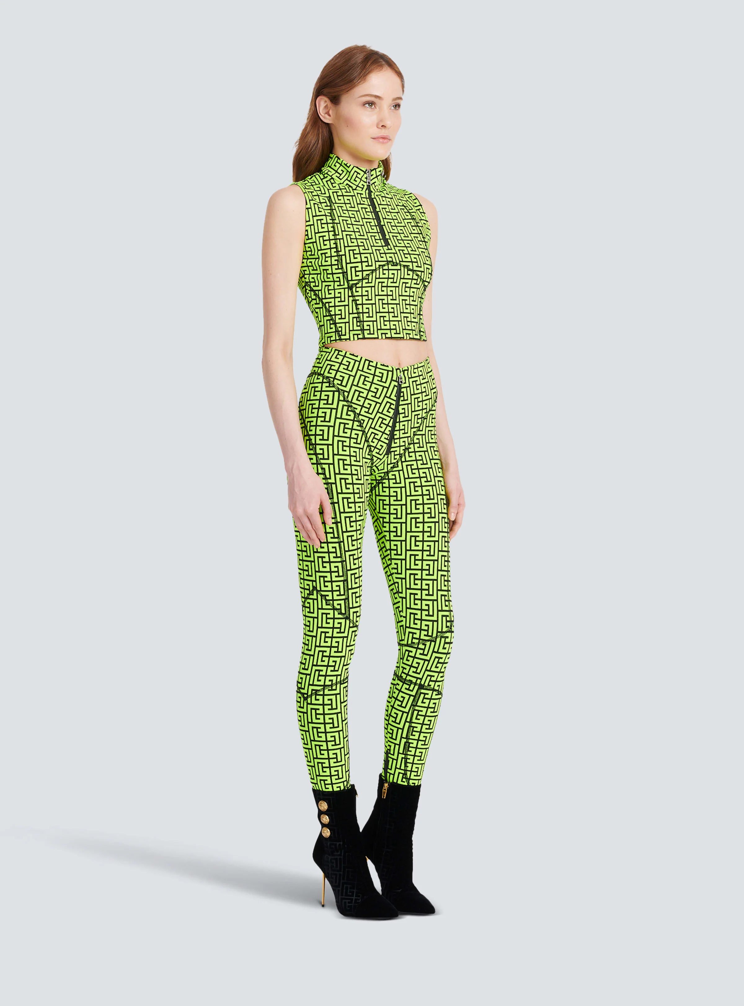 BALMAIN WOMEN'S BLACK NEON YELLOW MONOGRAM LEGGINGS - Image 3