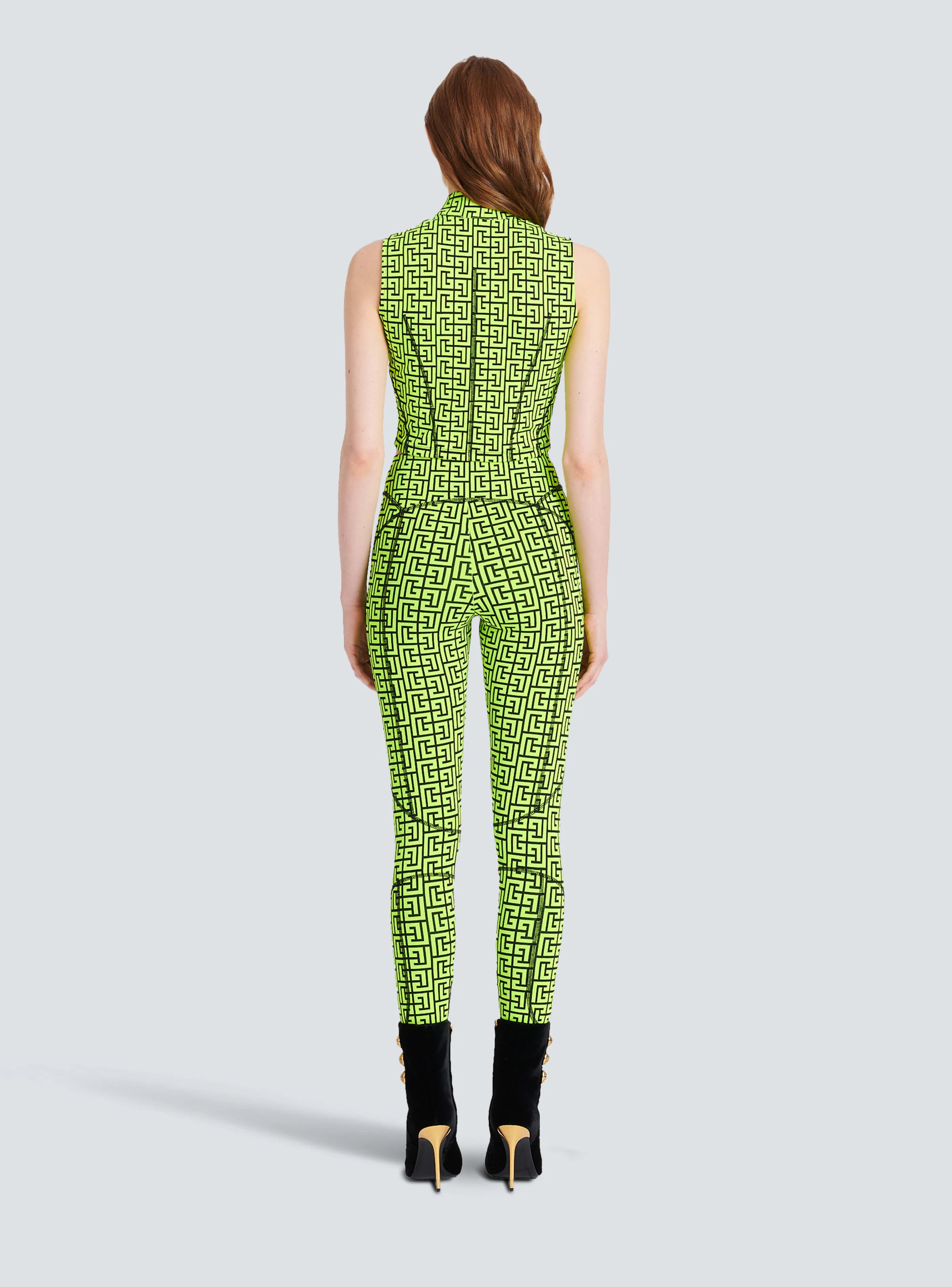 BALMAIN WOMEN'S BLACK NEON YELLOW MONOGRAM LEGGINGS - Image 4