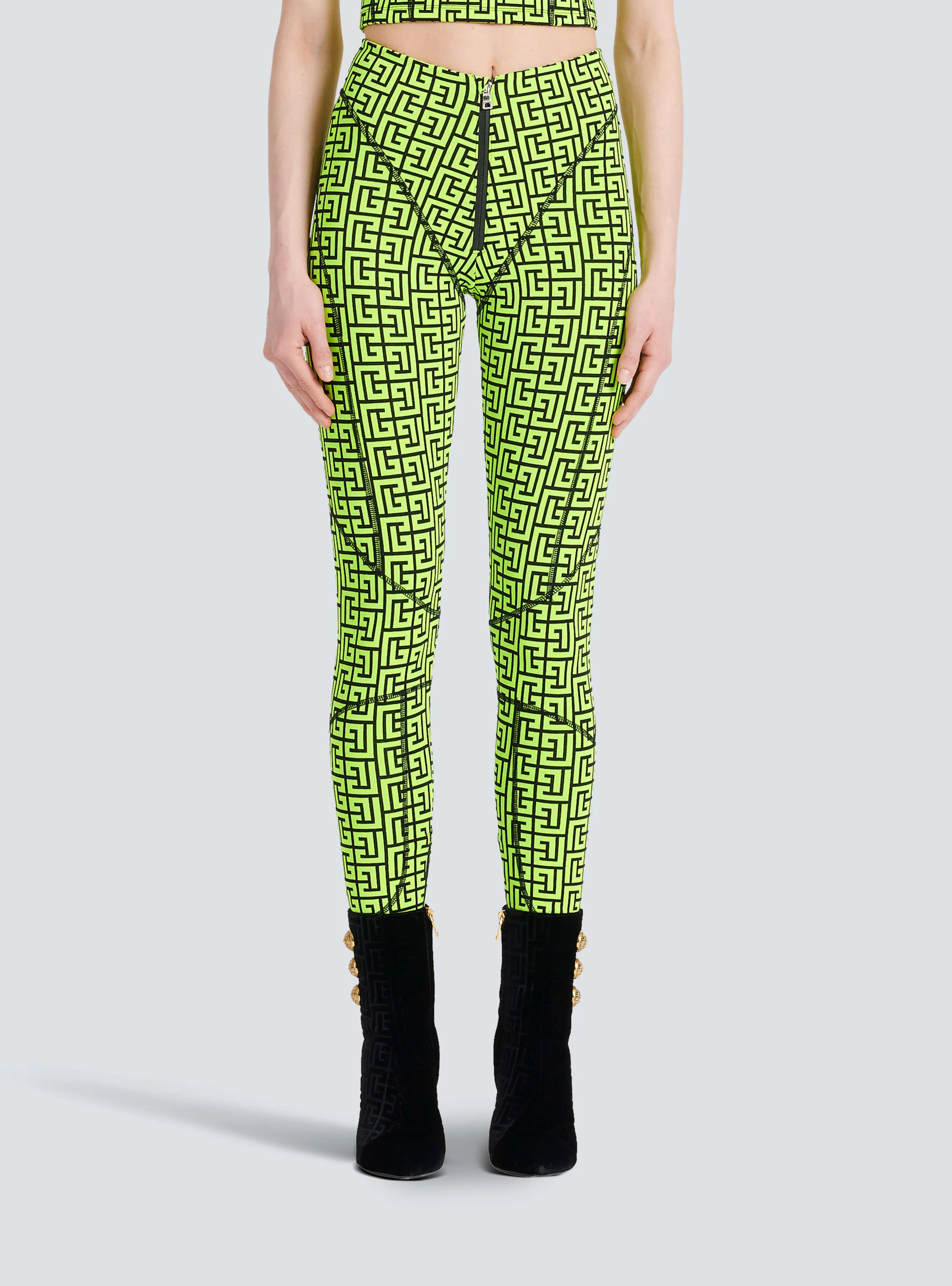 BALMAIN WOMEN'S BLACK NEON YELLOW MONOGRAM LEGGINGS - Image 5