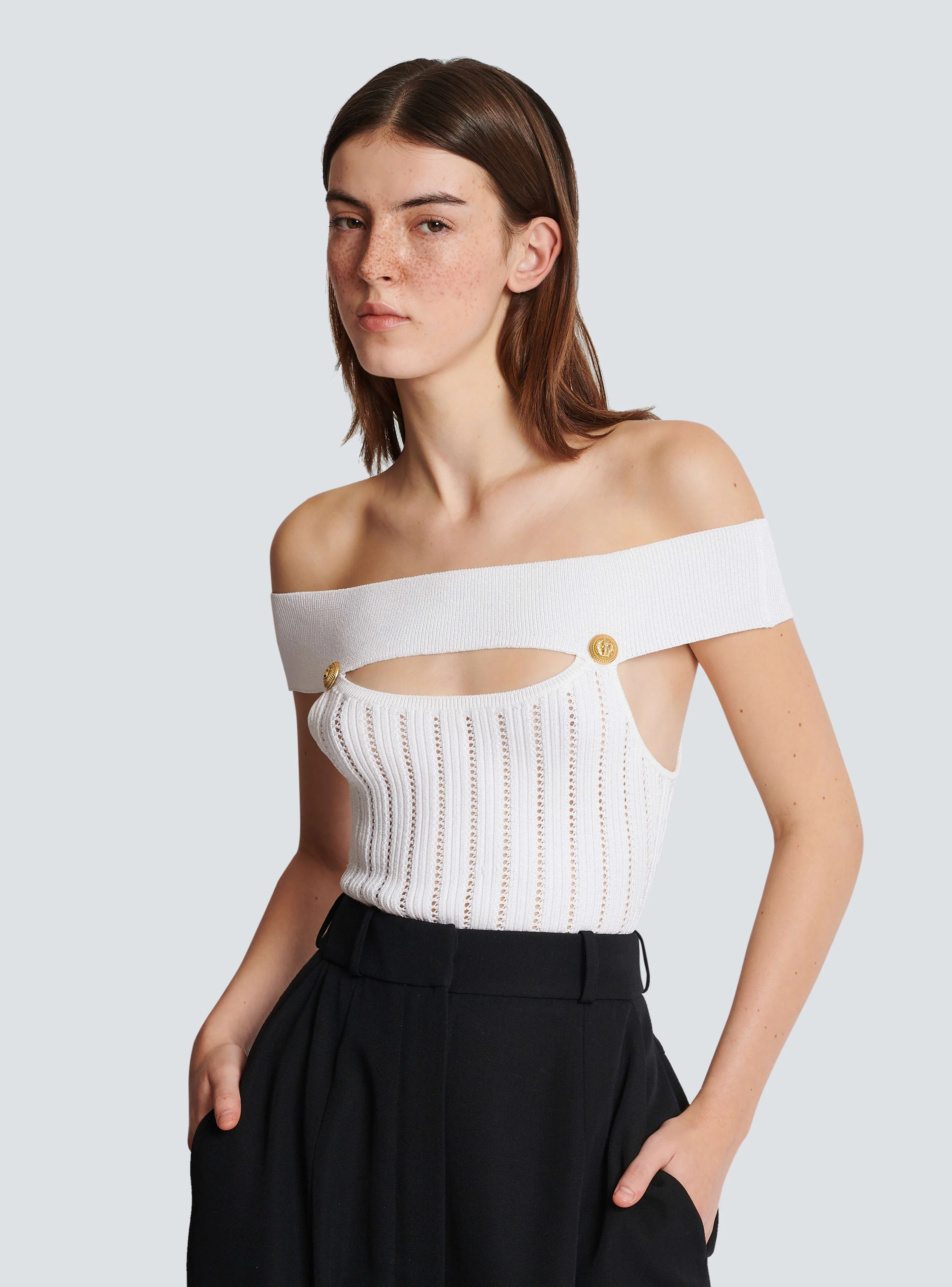 BALMAIN WOMEN'S OFF SHOULDER CUT RIBBED KNIT BODY NWT - Image 5