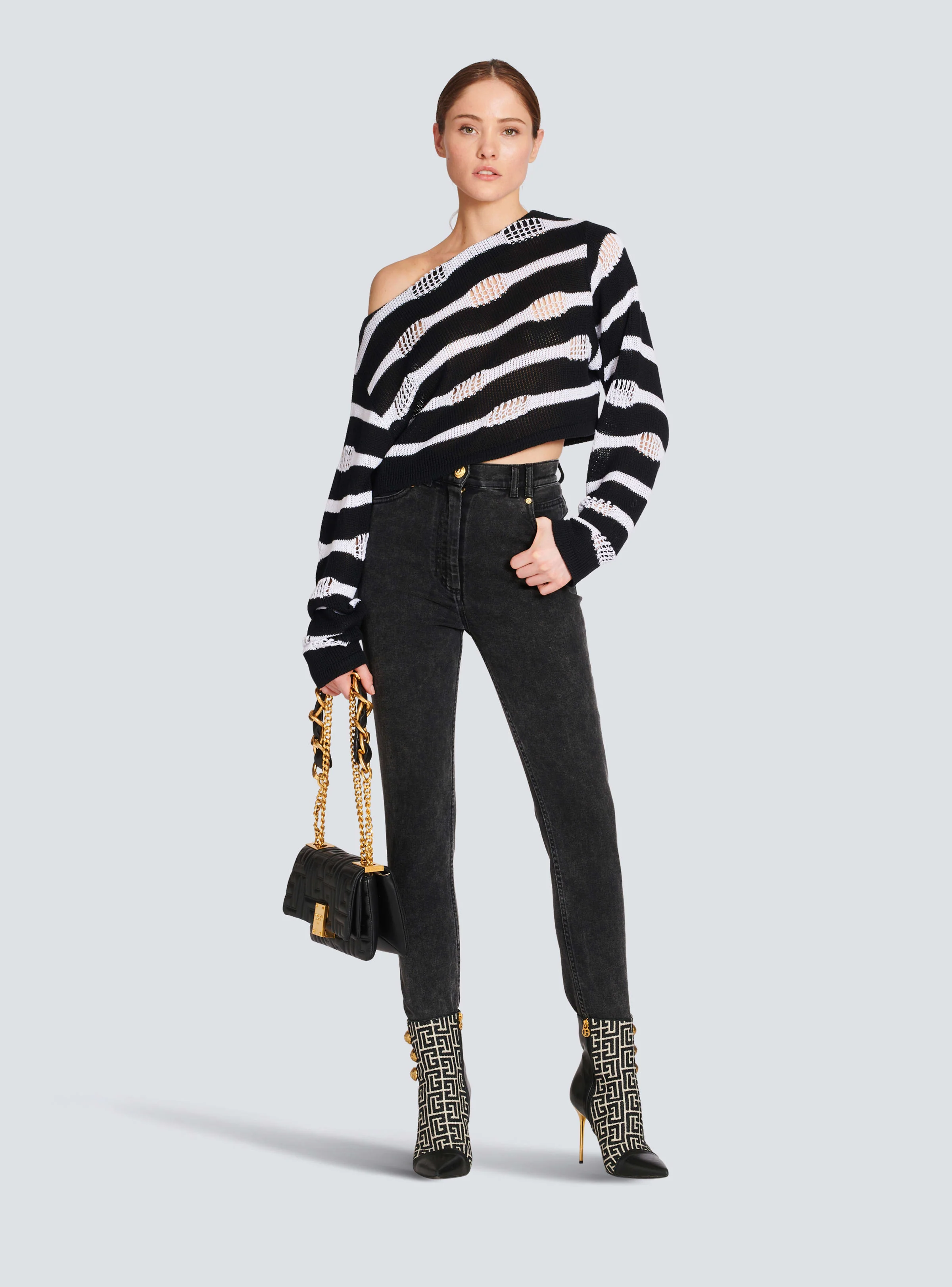 BALMAIN WOMEN'S OFF-SHOULDER DESTROY STRIPED CROP TOP NWT - Image 2