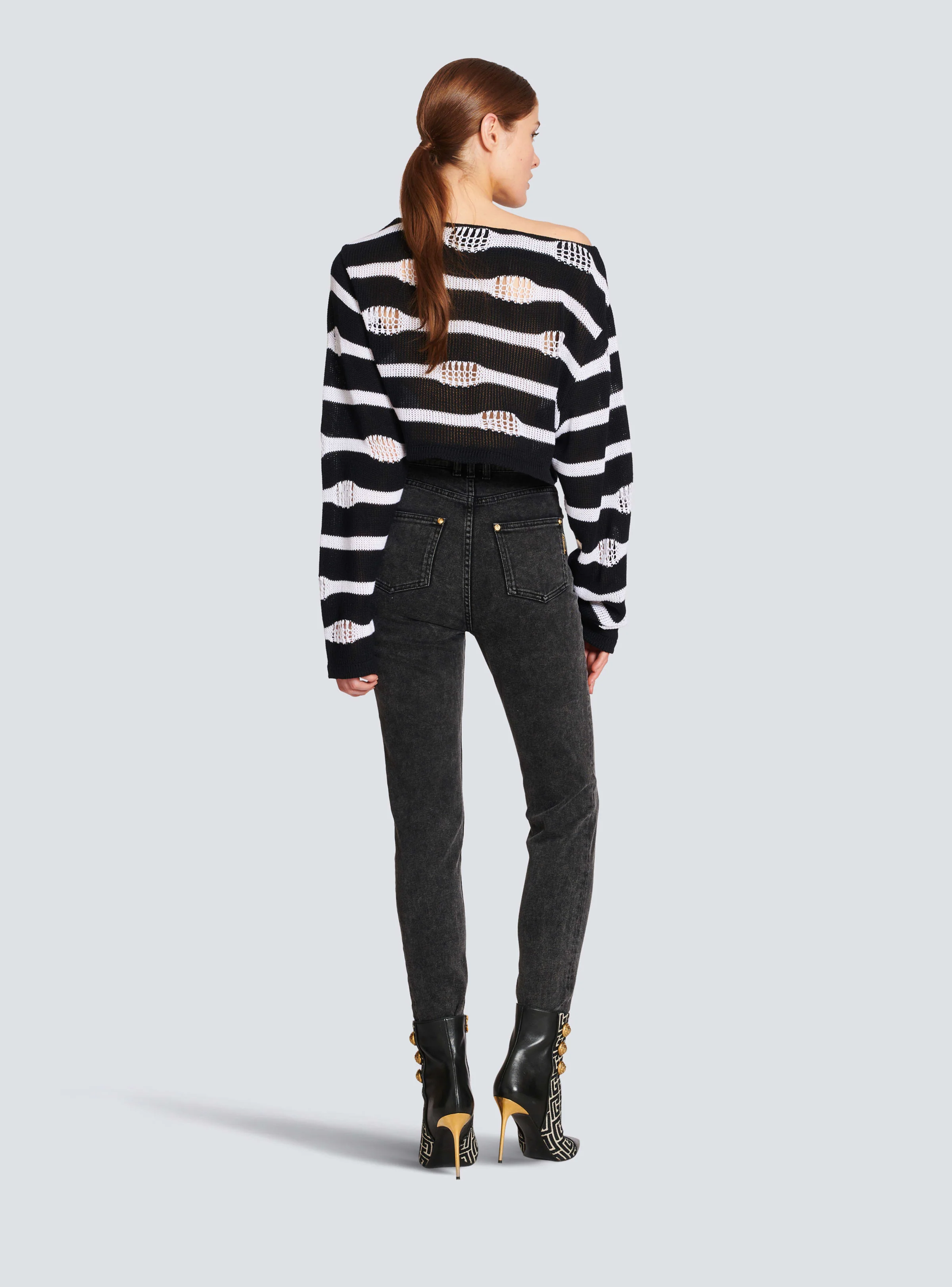 BALMAIN WOMEN'S OFF-SHOULDER DESTROY STRIPED CROP TOP NWT - Image 4