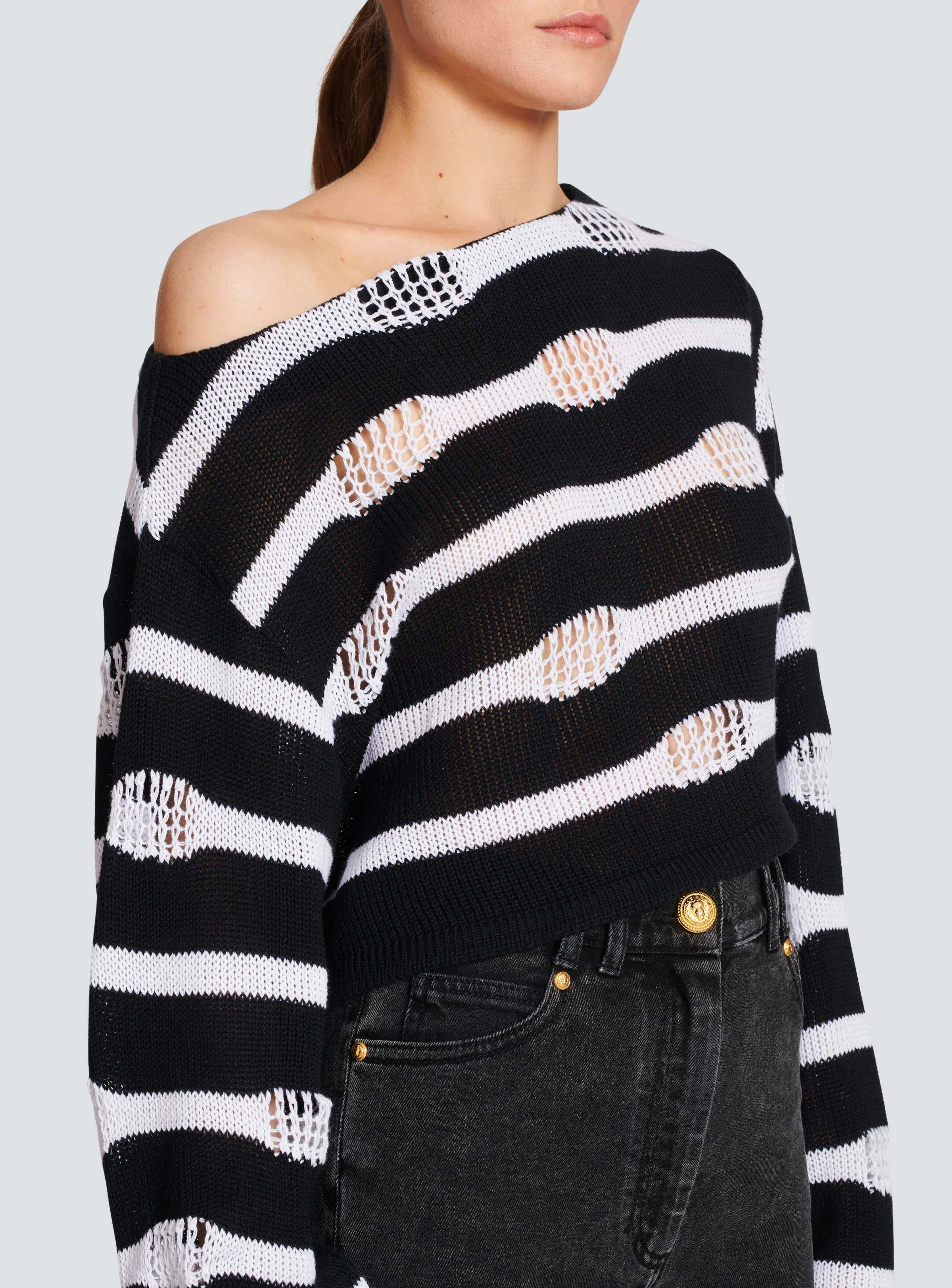 BALMAIN WOMEN'S OFF-SHOULDER DESTROY STRIPED CROP TOP NWT - Image 6