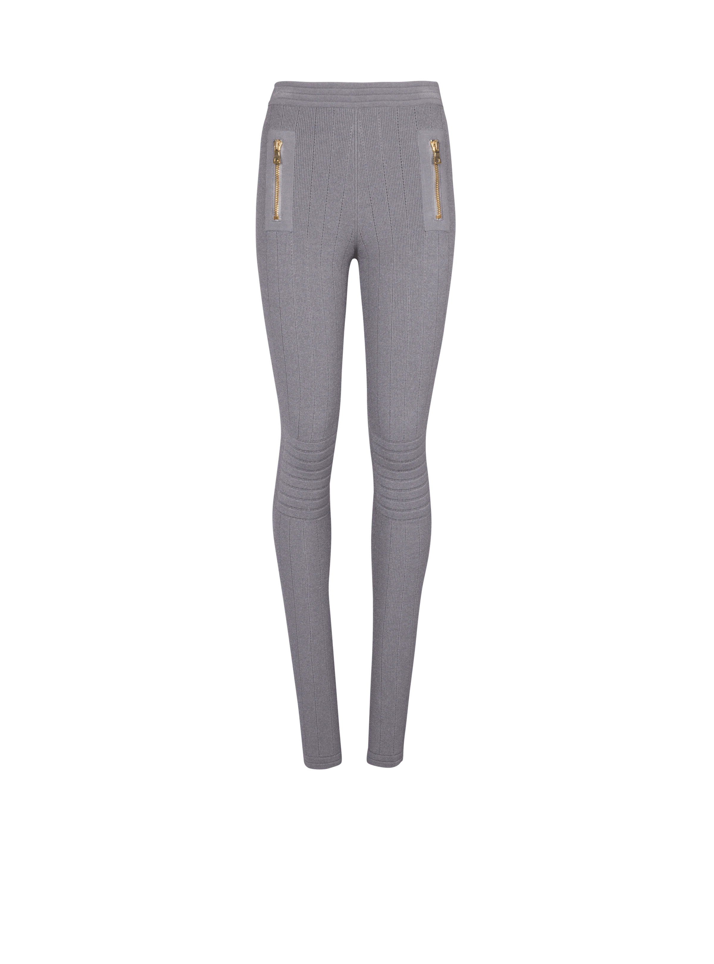 BALMAIN WOMEN'S LIGHT GREY RIBBED KNIT ZIPPED LEGGINGS