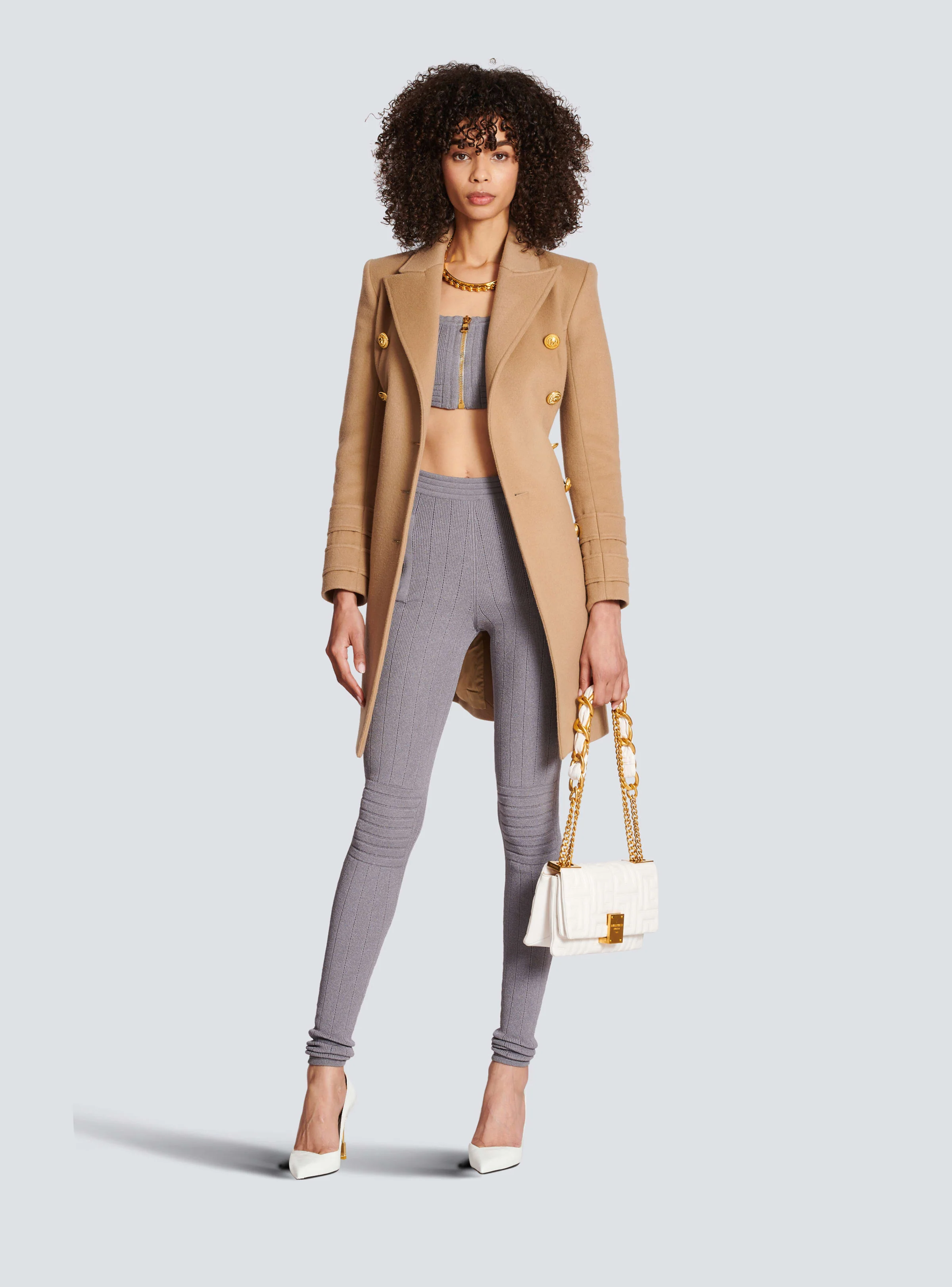 BALMAIN WOMEN'S LIGHT GREY RIBBED KNIT ZIPPED LEGGINGS - Image 2