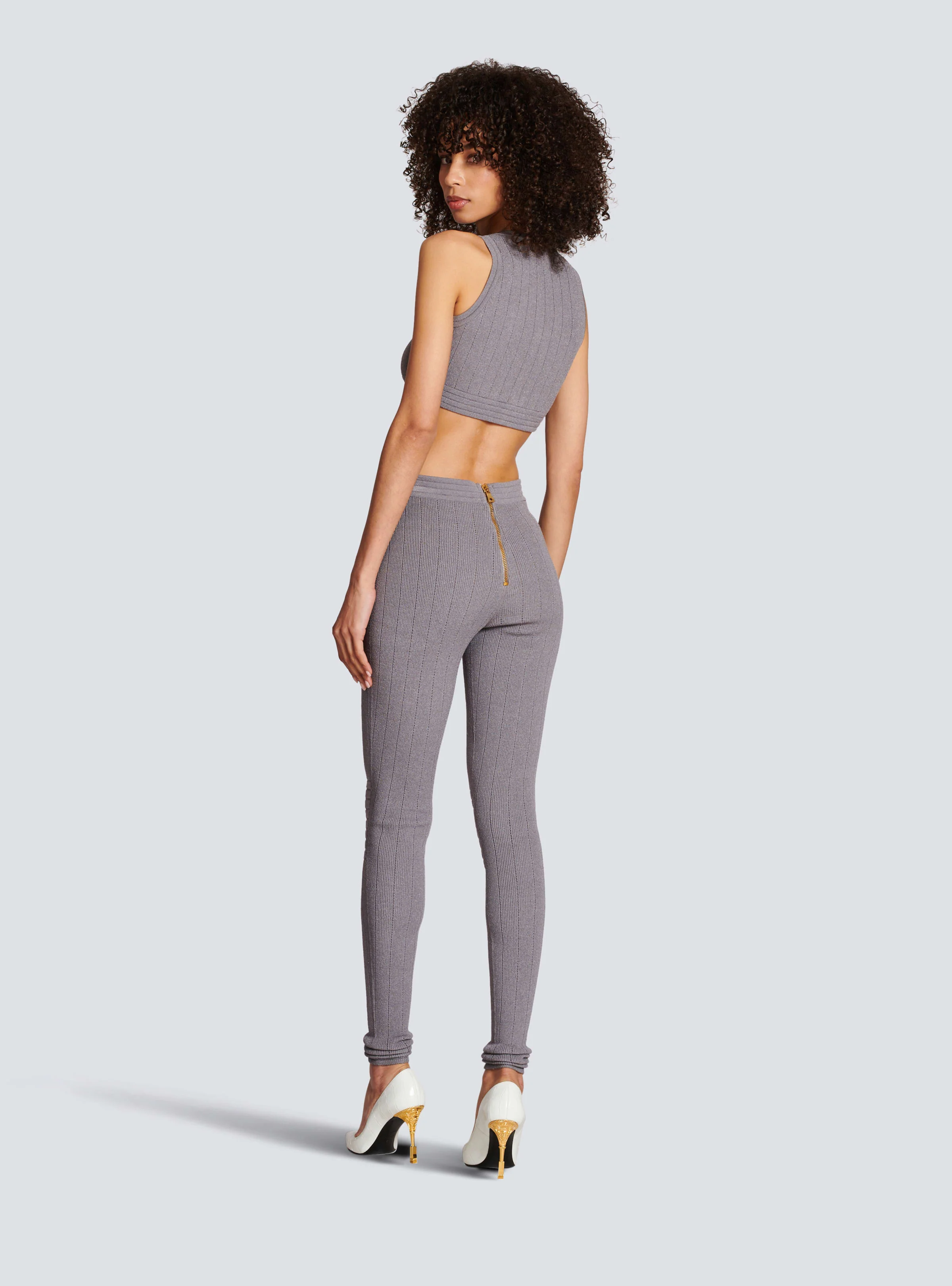 BALMAIN WOMEN'S LIGHT GREY RIBBED KNIT ZIPPED LEGGINGS - Image 4