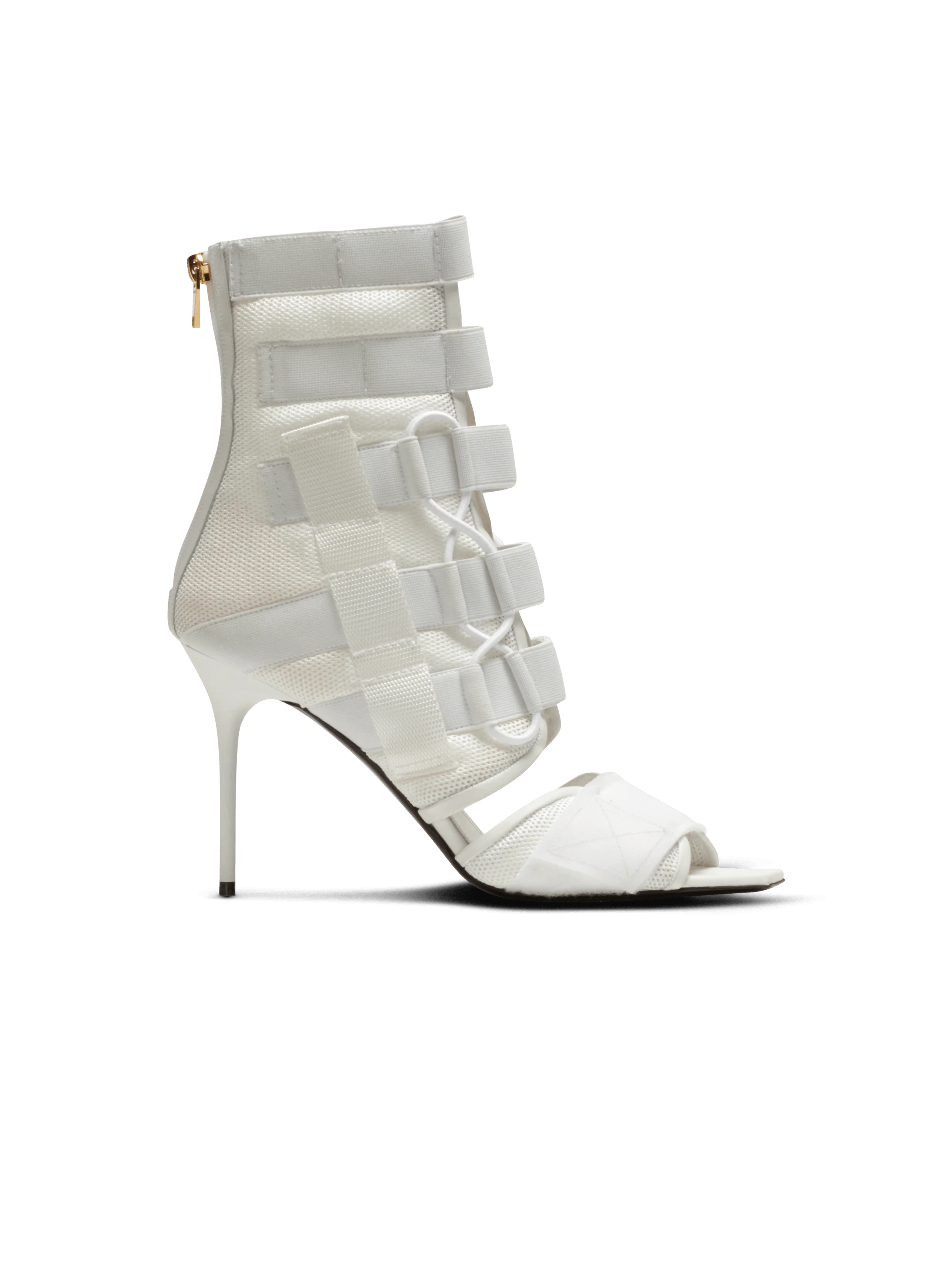 BALMAIN WOMEN'S WHITE MESH VELCRO HIGH-HEEL SANDAL