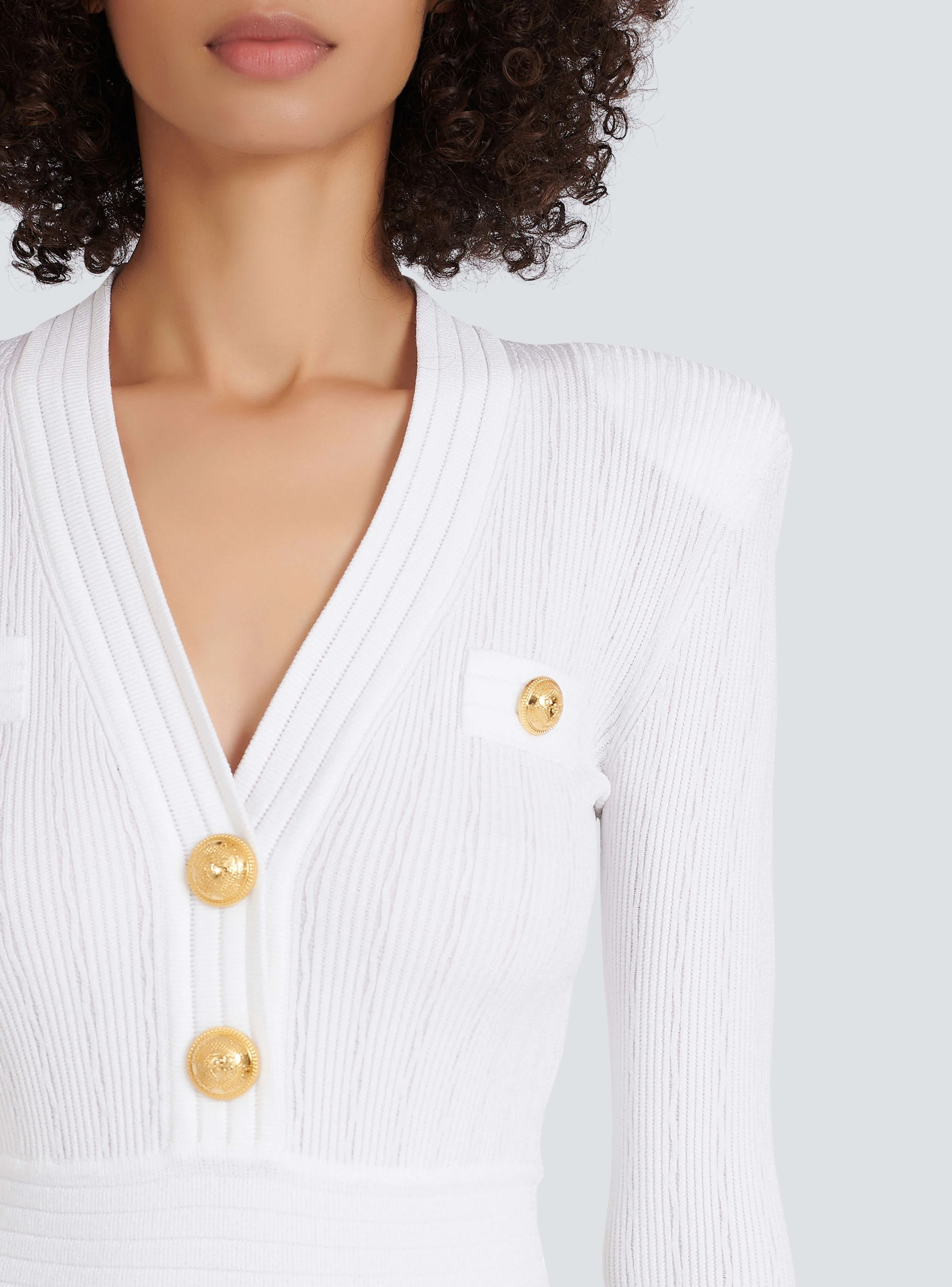 BALMAIN WOMEN'S SHORT LS V NECK BTN DETAILS KNIT DRESS NWT - Image 6