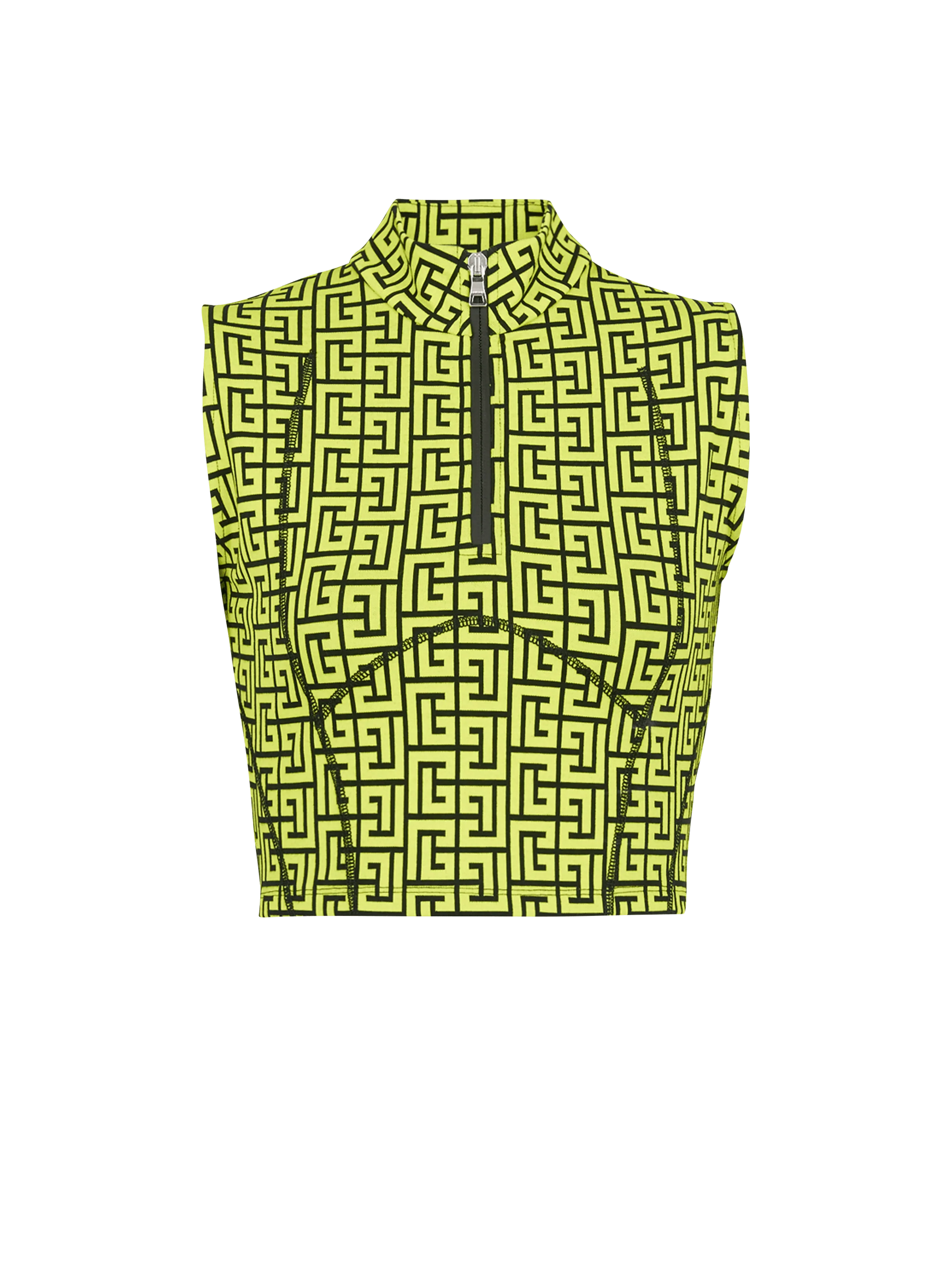 BALMAIN WOMEN'S BLACK NEON YELLOW MONOGRAM CROP TOP