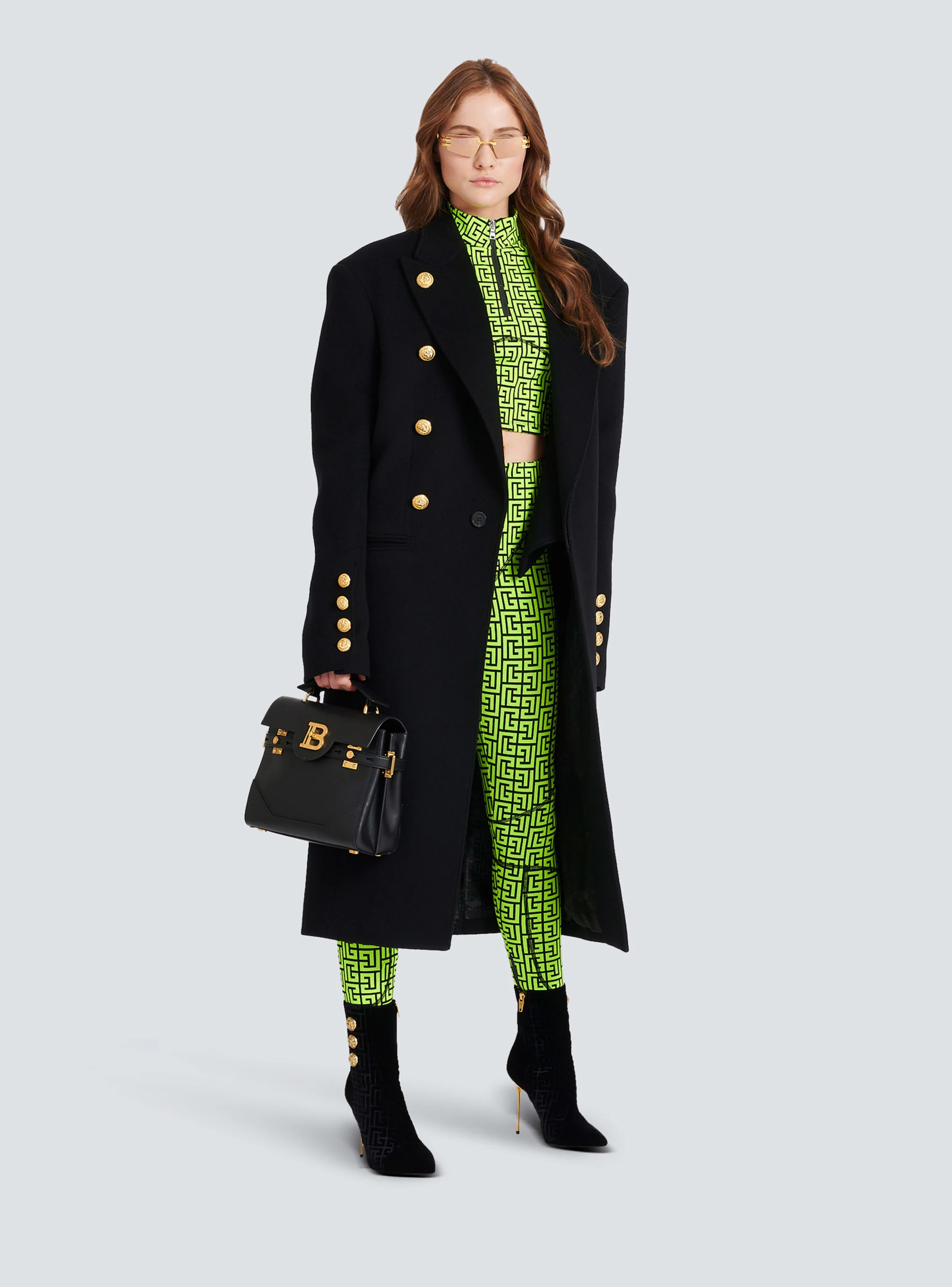 BALMAIN WOMEN'S BLACK NEON YELLOW MONOGRAM CROP TOP - Image 2