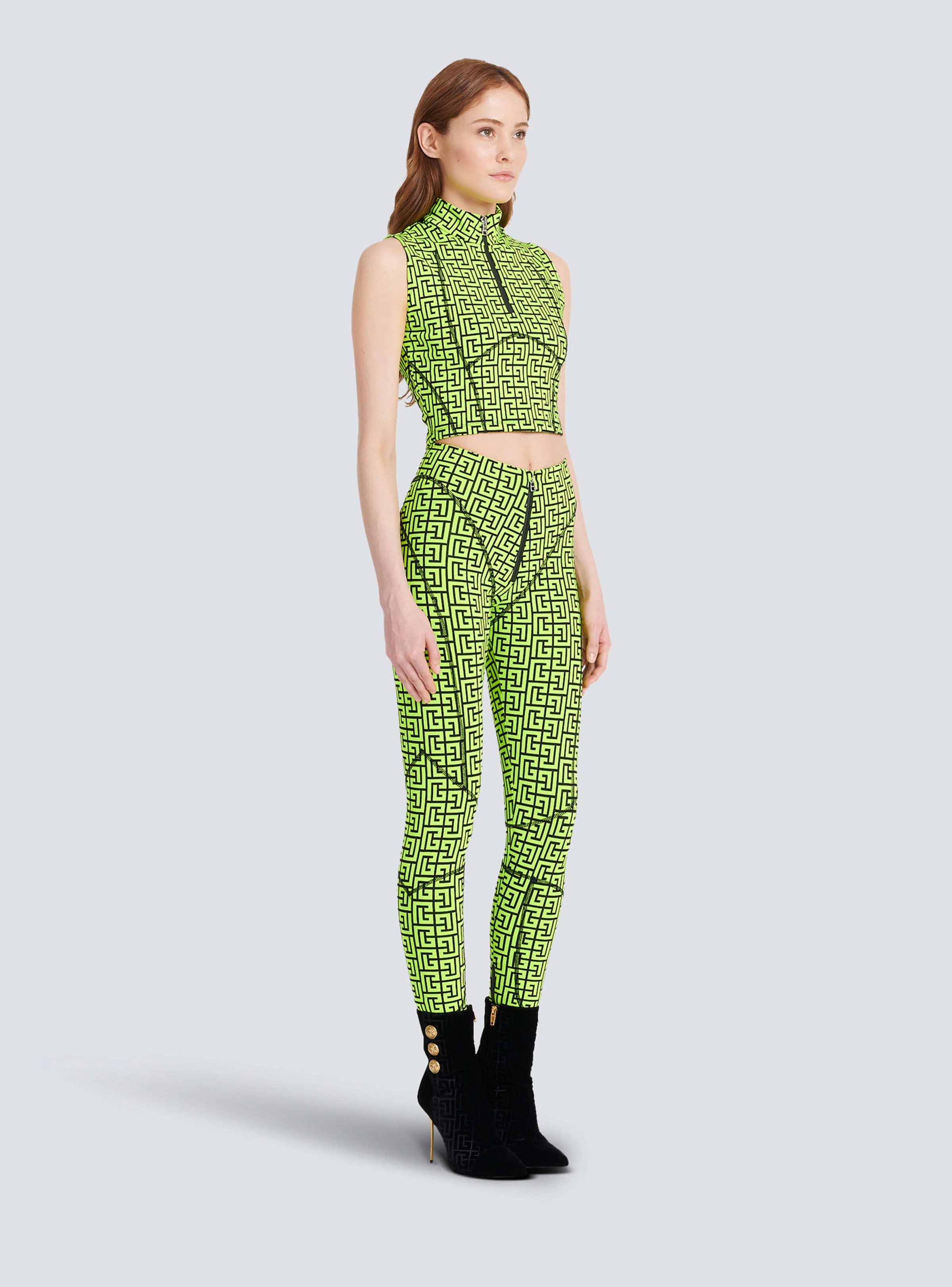 BALMAIN WOMEN'S BLACK NEON YELLOW MONOGRAM CROP TOP - Image 3