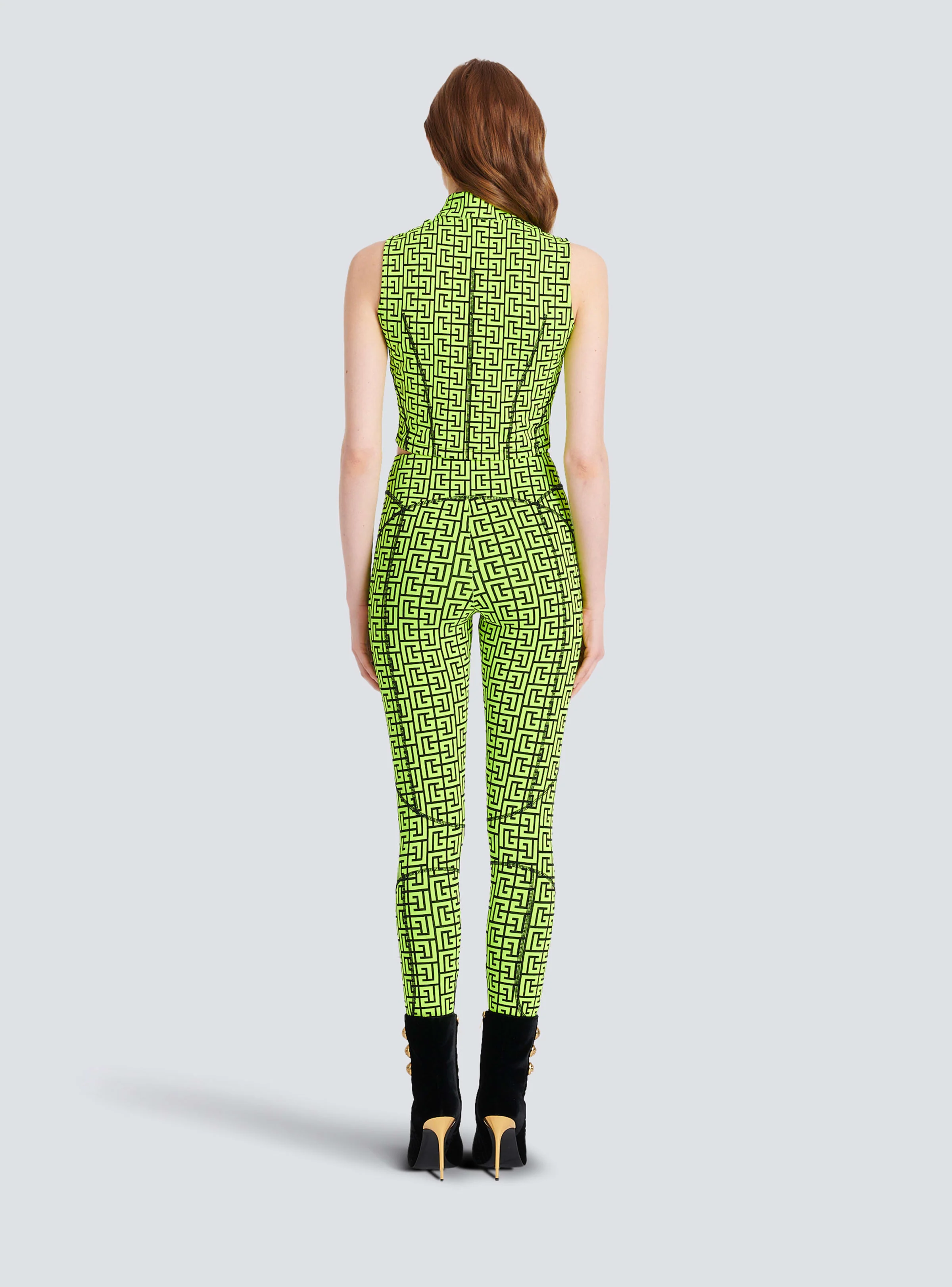 BALMAIN WOMEN'S BLACK NEON YELLOW MONOGRAM CROP TOP - Image 4
