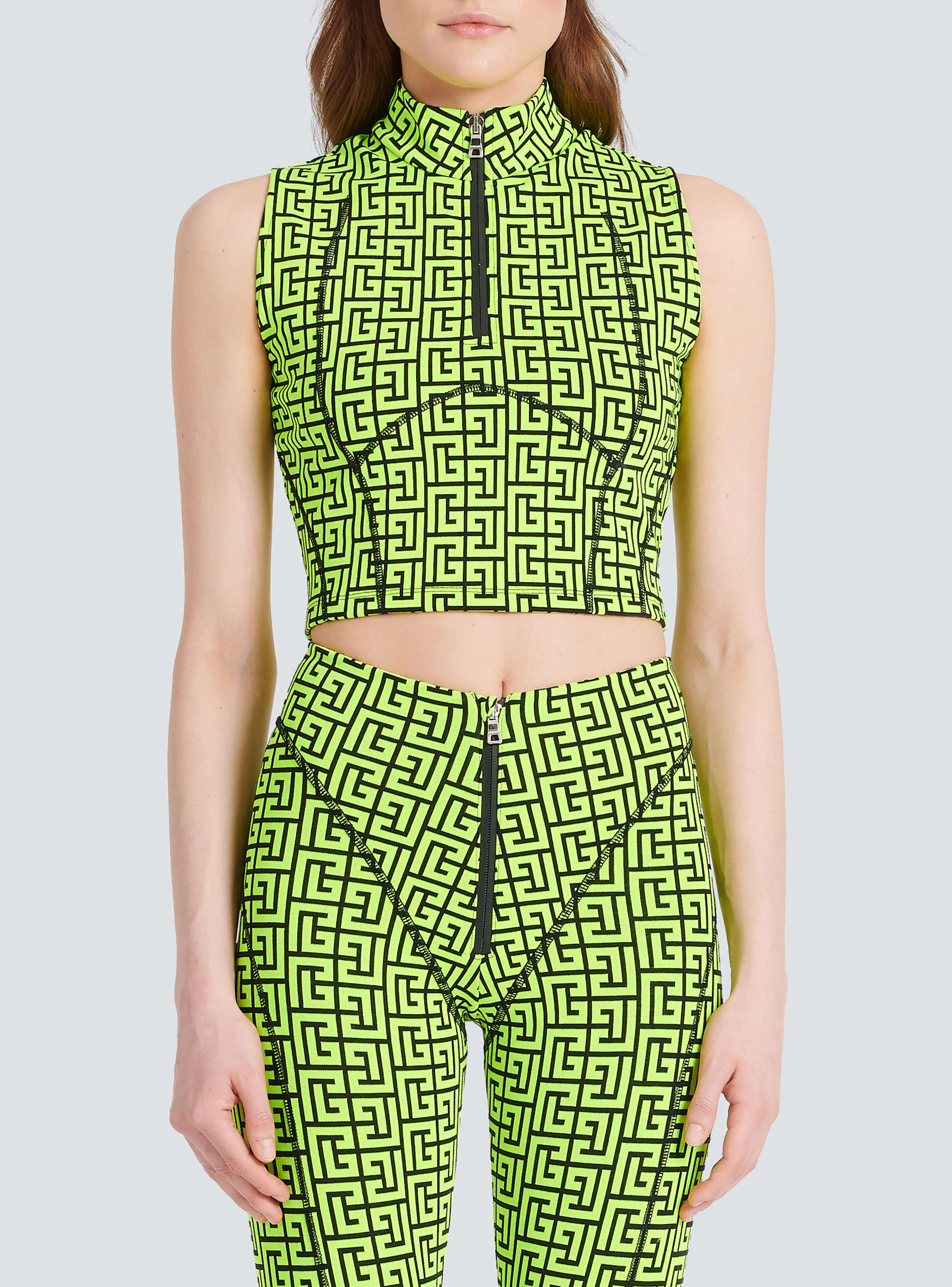 BALMAIN WOMEN'S BLACK NEON YELLOW MONOGRAM CROP TOP - Image 5