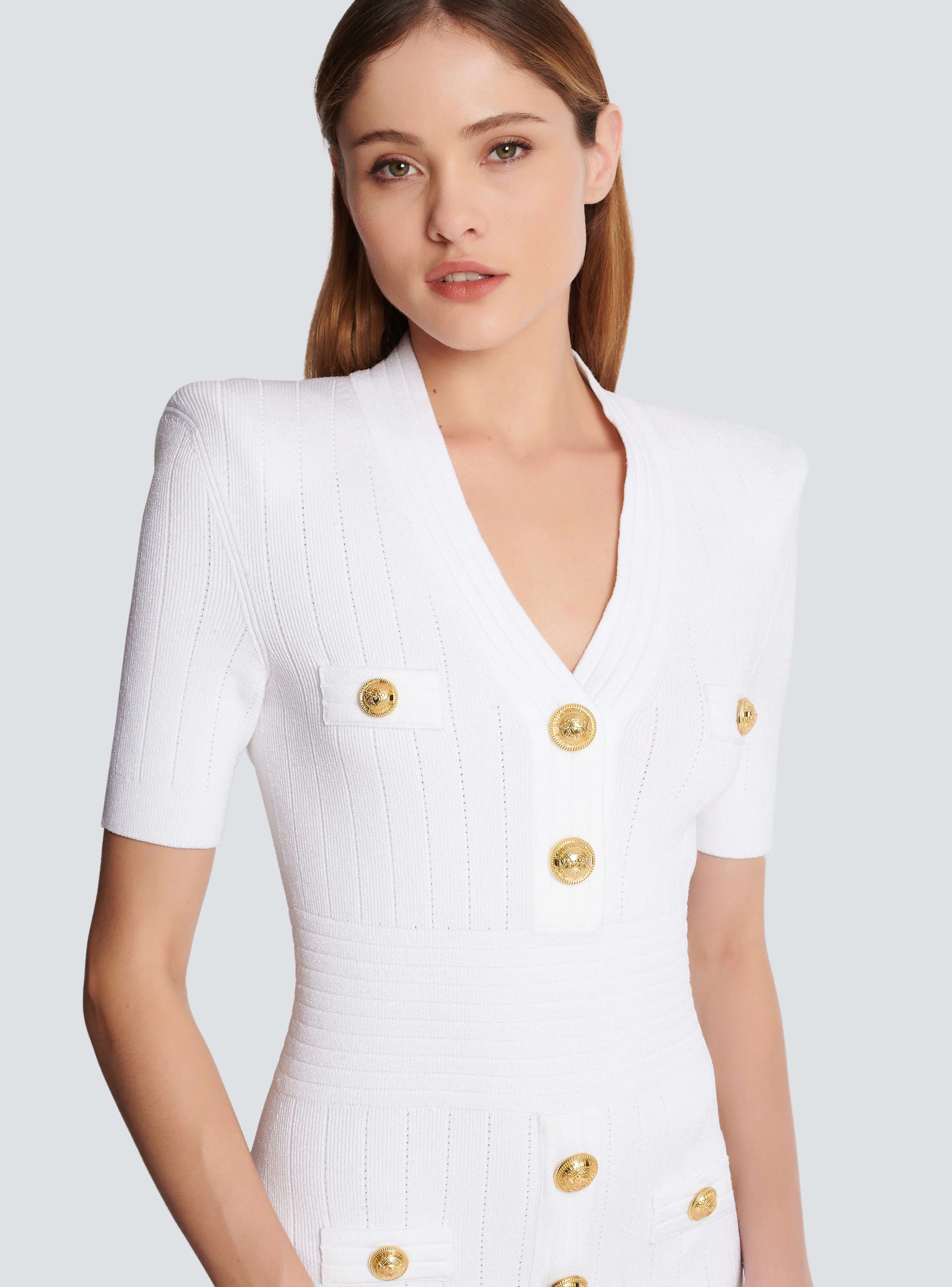 BALMAIN WOMEN'S SS BUTTONED V-NECK KNIT SHORT DRESS NWT - Image 5