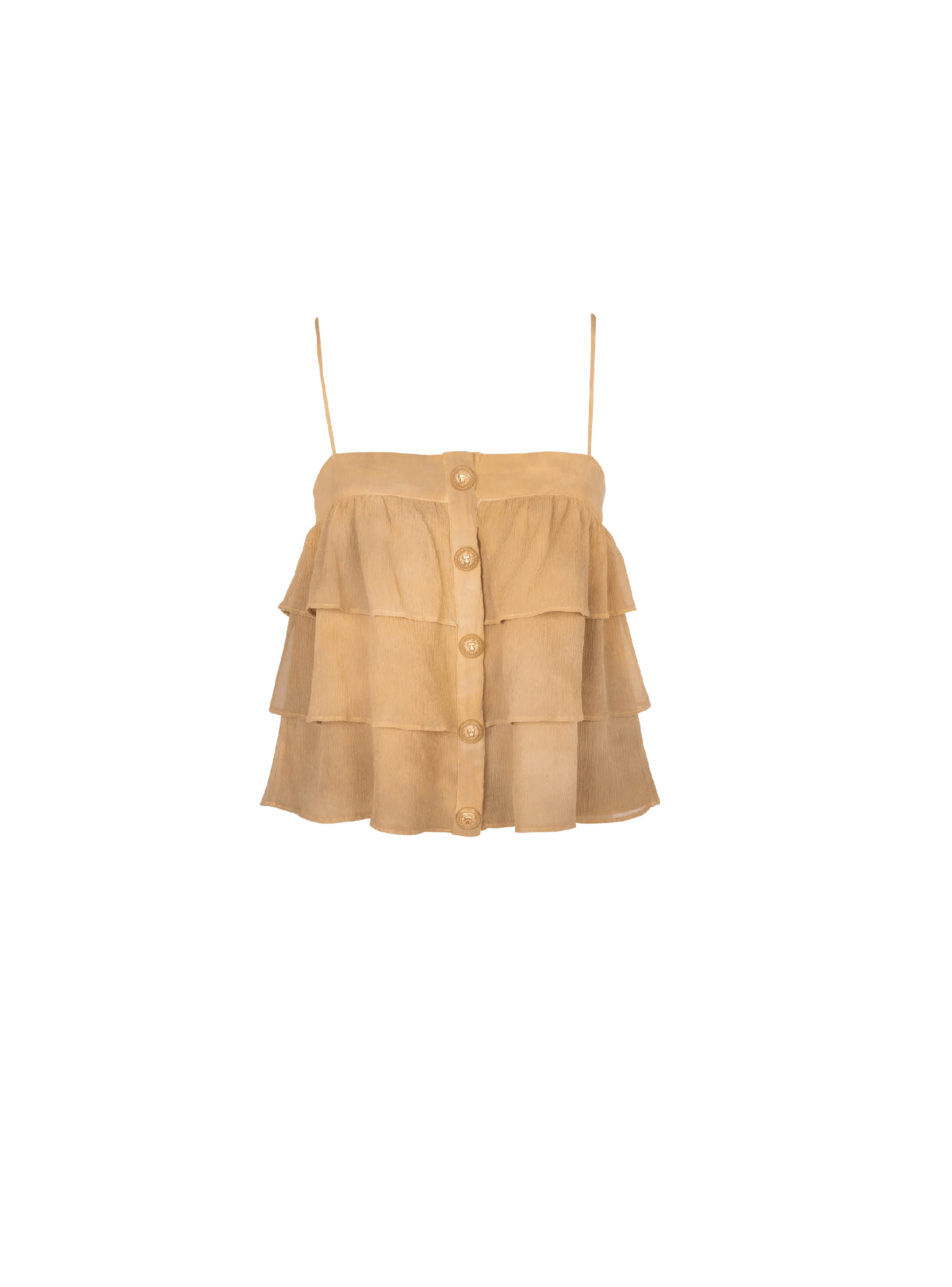 BALMAIN WOMEN'S MULTI-BROWN RUFFLED SPAGHETTI STRAP TOP