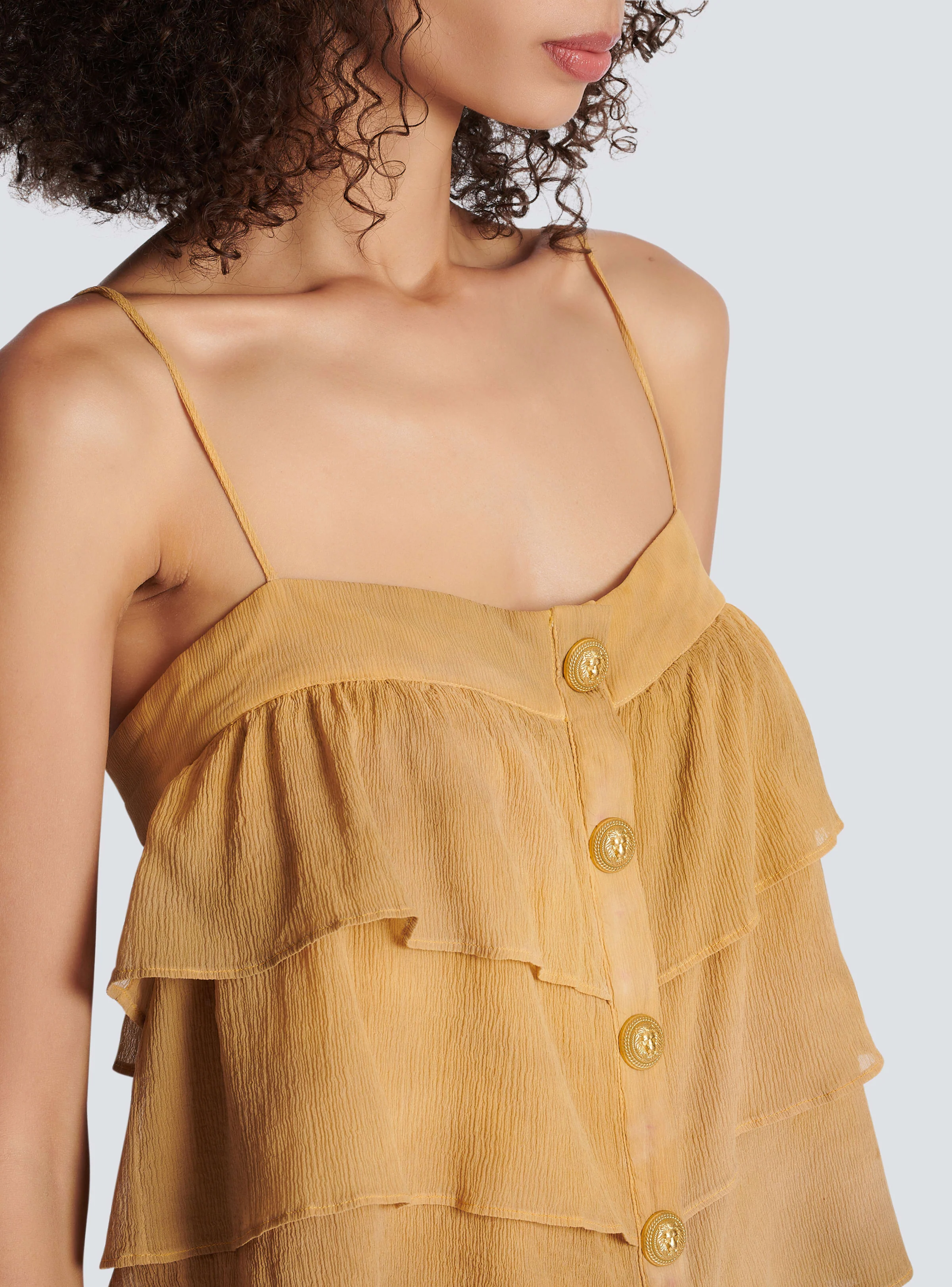 BALMAIN WOMEN'S MULTI-BROWN RUFFLED SPAGHETTI STRAP TOP - Image 7