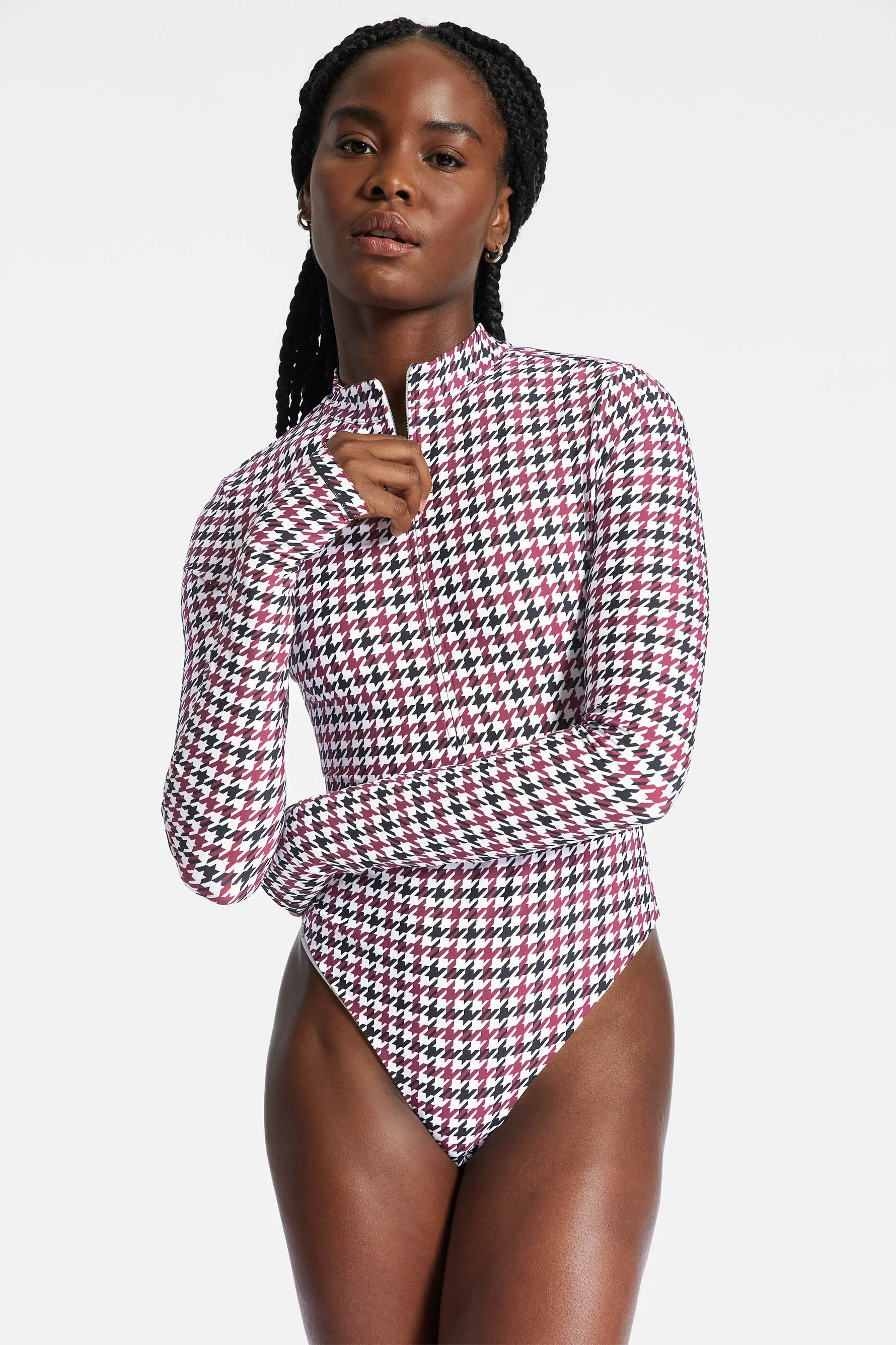 BANDIER Brio 1/4 Zip Long Sleeve Bodysuit - Cordovan Houndstooth - Image 2