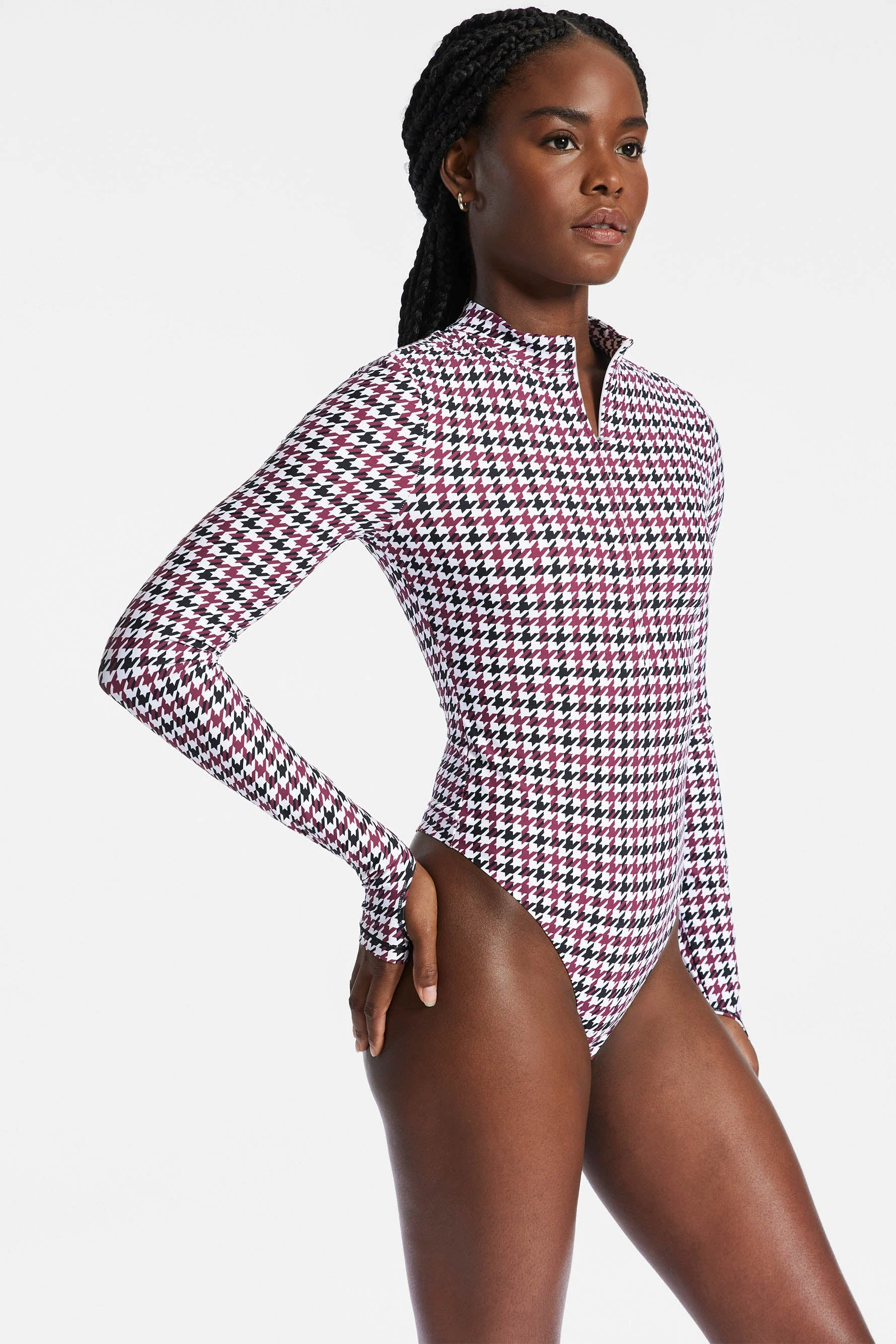BANDIER Brio 1/4 Zip Long Sleeve Bodysuit - Cordovan Houndstooth - Image 7