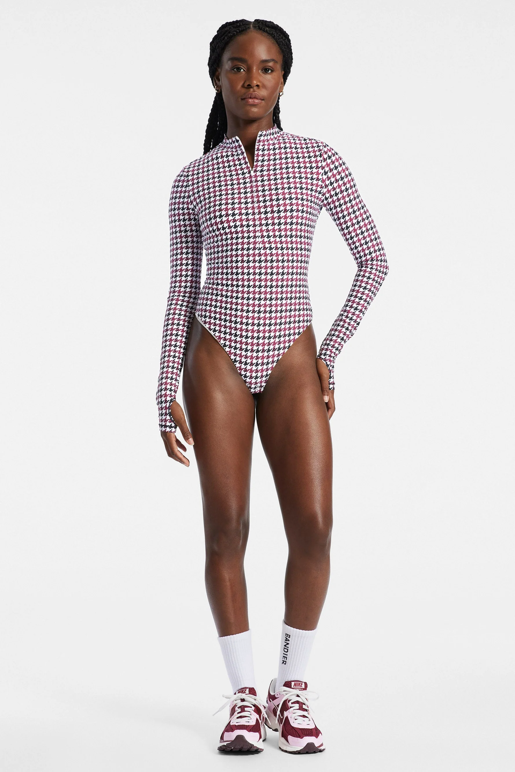 BANDIER Brio 1/4 Zip Long Sleeve Bodysuit - Cordovan Houndstooth - Image 9