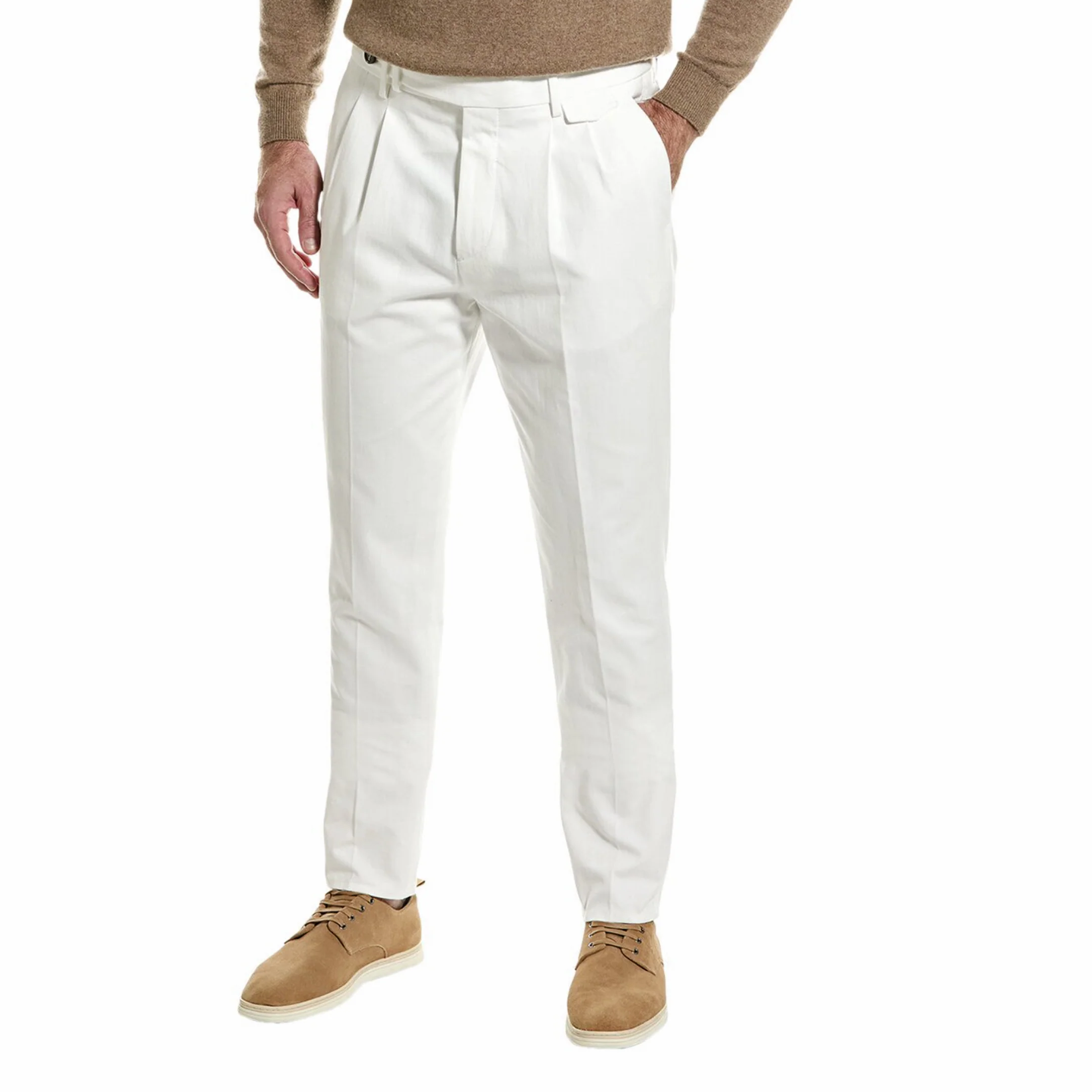 BRUNELLO CUCINELLI MEN'S WHITE TAILORED TROUSERS WITH PLEATS