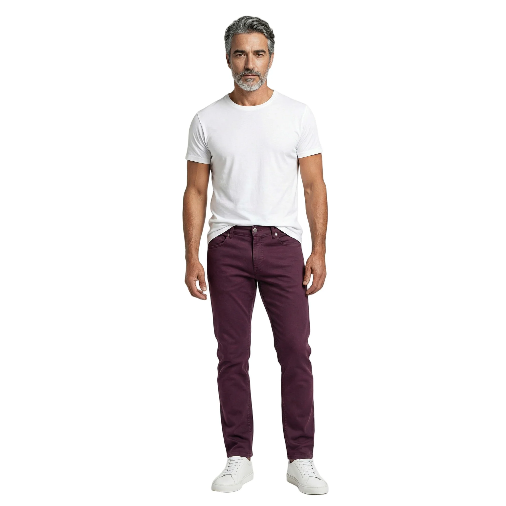 BRUNELLO CUCINELLI MEN'S BURGUNDY DENIM FIVE-POCKET TROUSERS