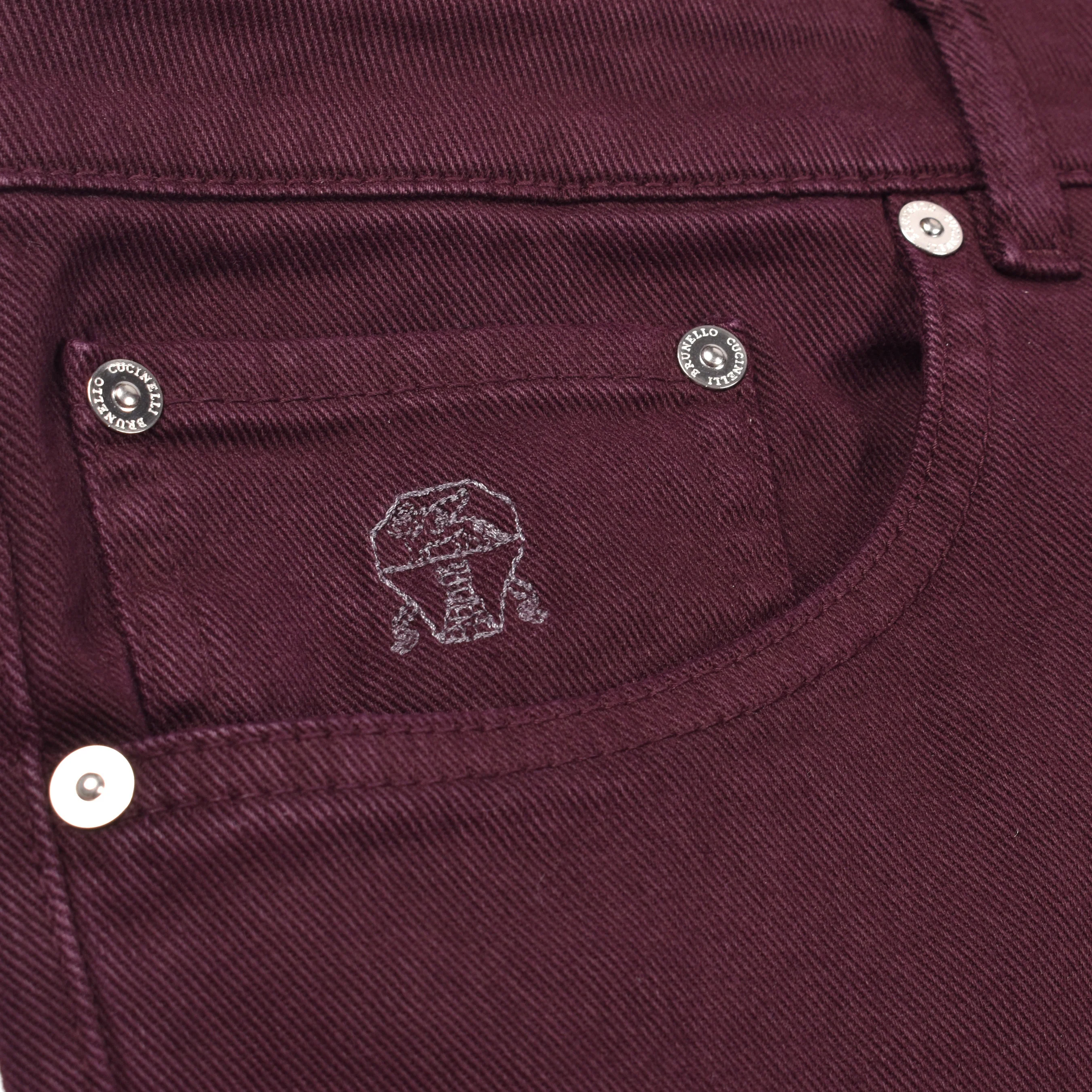 BRUNELLO CUCINELLI MEN'S BURGUNDY DENIM FIVE-POCKET TROUSERS - Image 7
