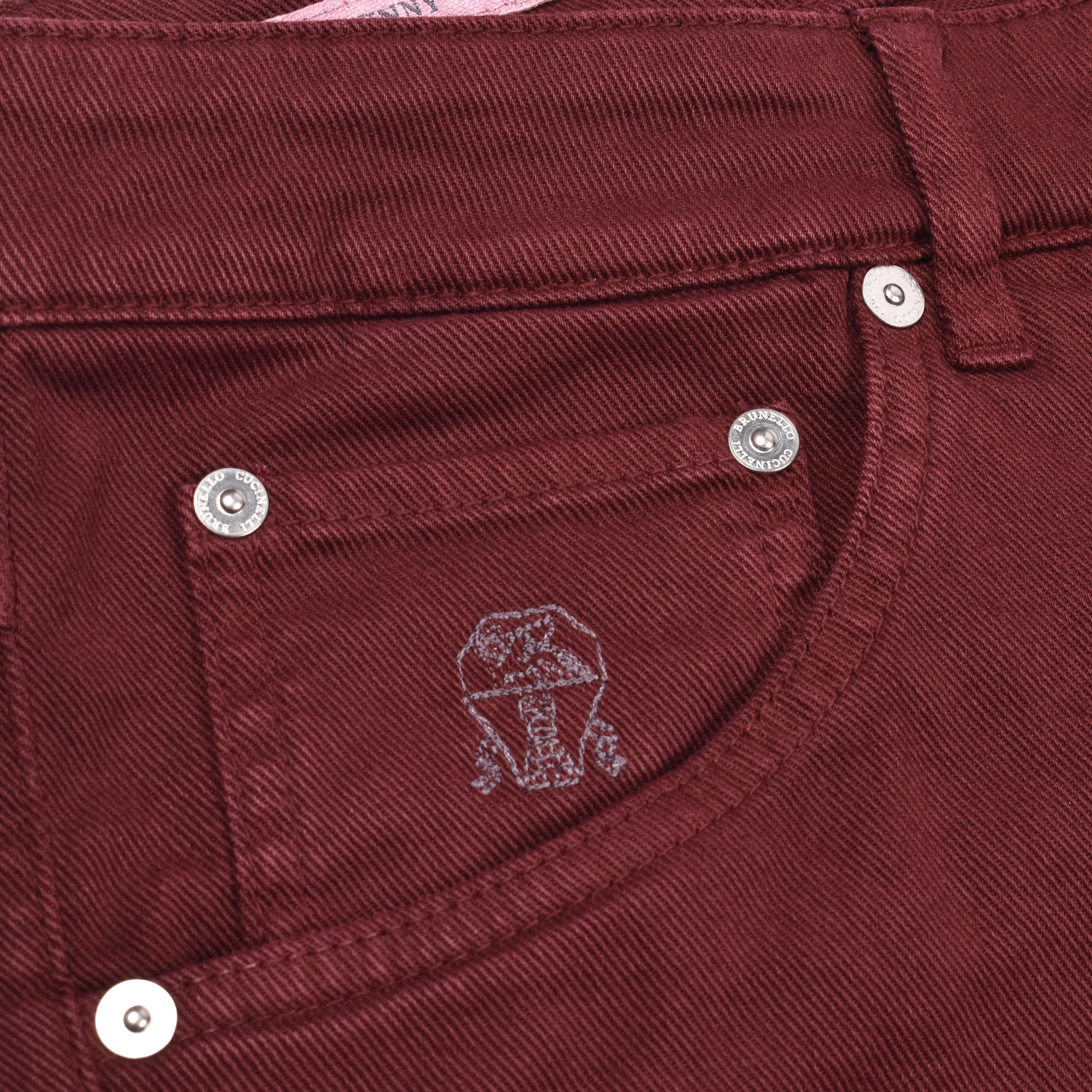 BRUNELLO CUCINELLI MEN'S 5 POCKET SKINNY FIT BURGUNDY DENIM JEAN PANTS - Image 3