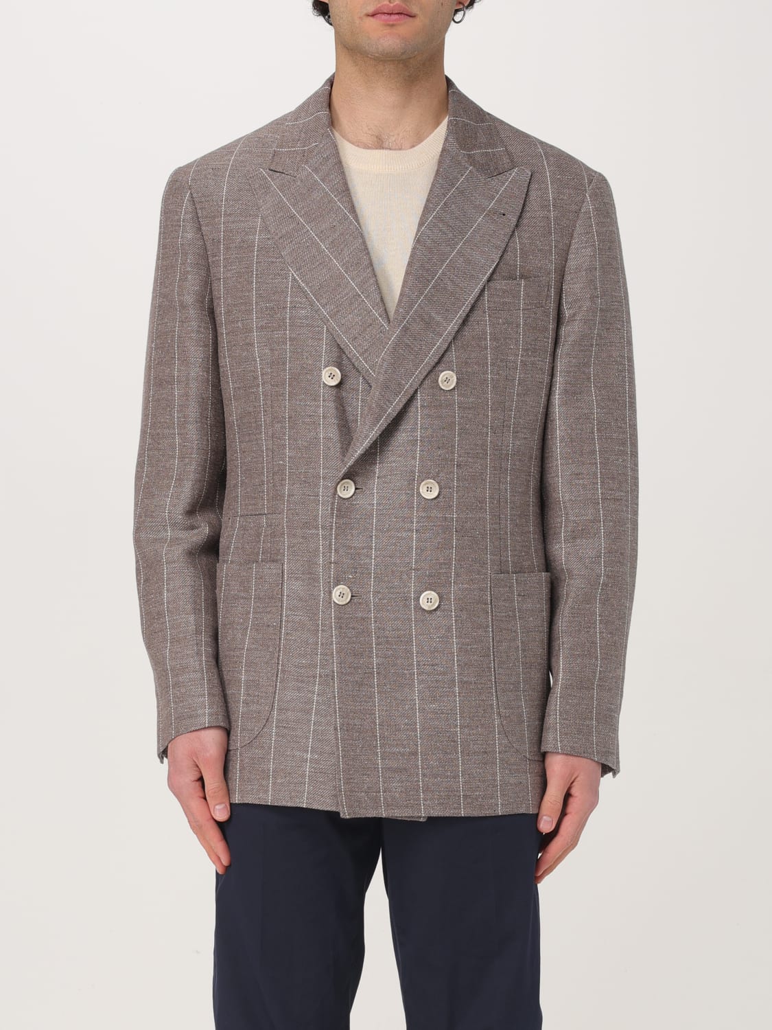 BRUNELLO CUCINELLI MEN'S BARK LINEN WOOL DOUBLE-BREASTED BLAZER