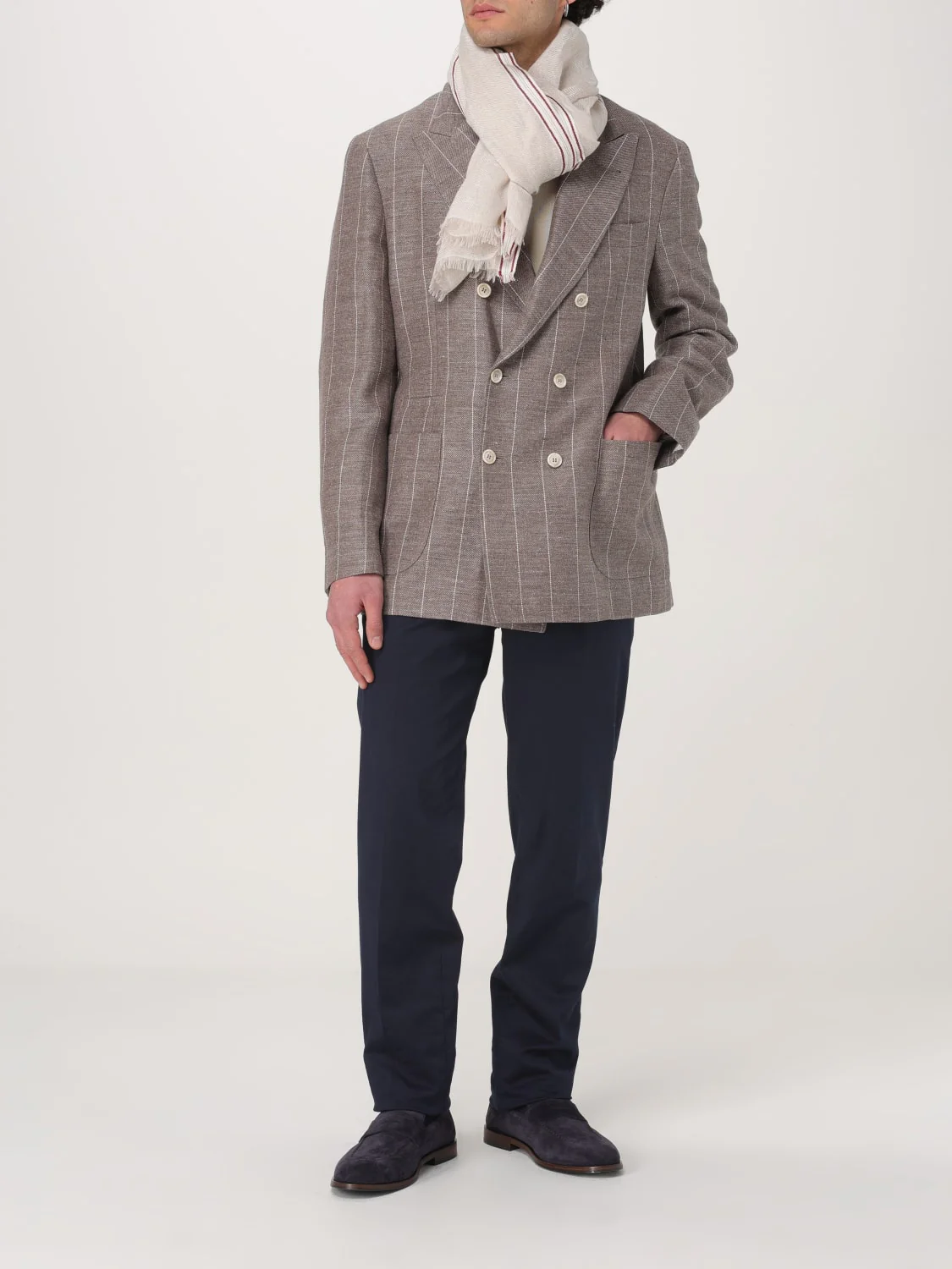 BRUNELLO CUCINELLI MEN'S BARK LINEN WOOL DOUBLE-BREASTED BLAZER - Image 2