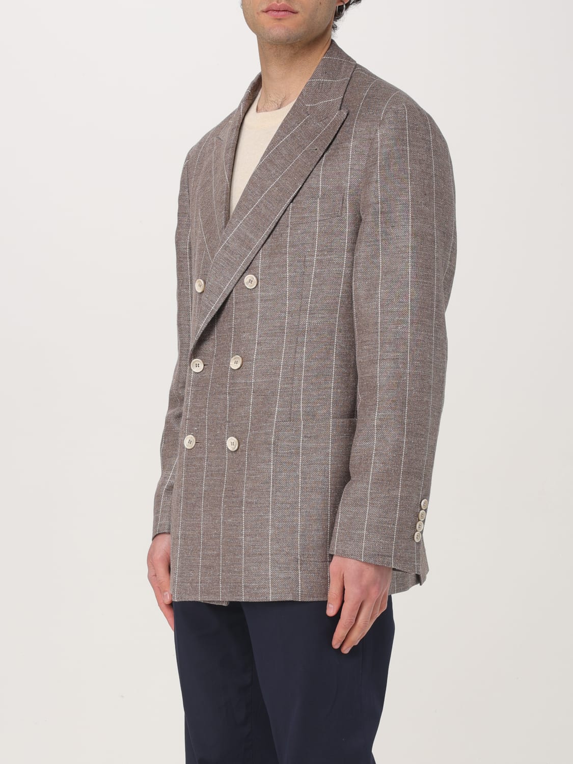 BRUNELLO CUCINELLI MEN'S BARK LINEN WOOL DOUBLE-BREASTED BLAZER - Image 4