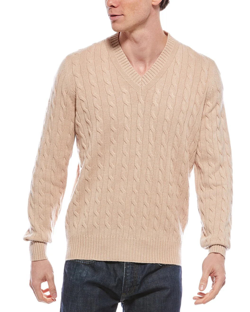 BRUNELLO CUCINELLI MEN'S BEIGE CABLE KNIT V-NECK SWEATER - Image 2