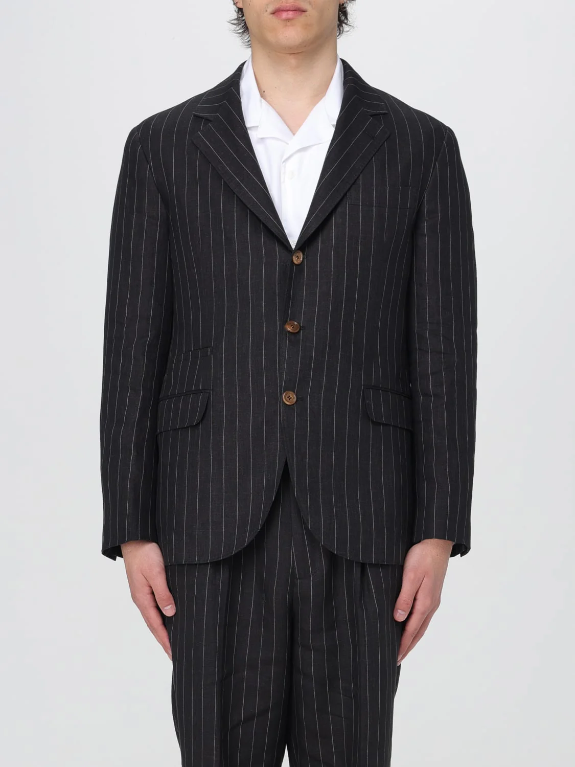 BRUNELLO CUCINELLI MEN'S BLACK LINEN PINSTRIPE BLAZER