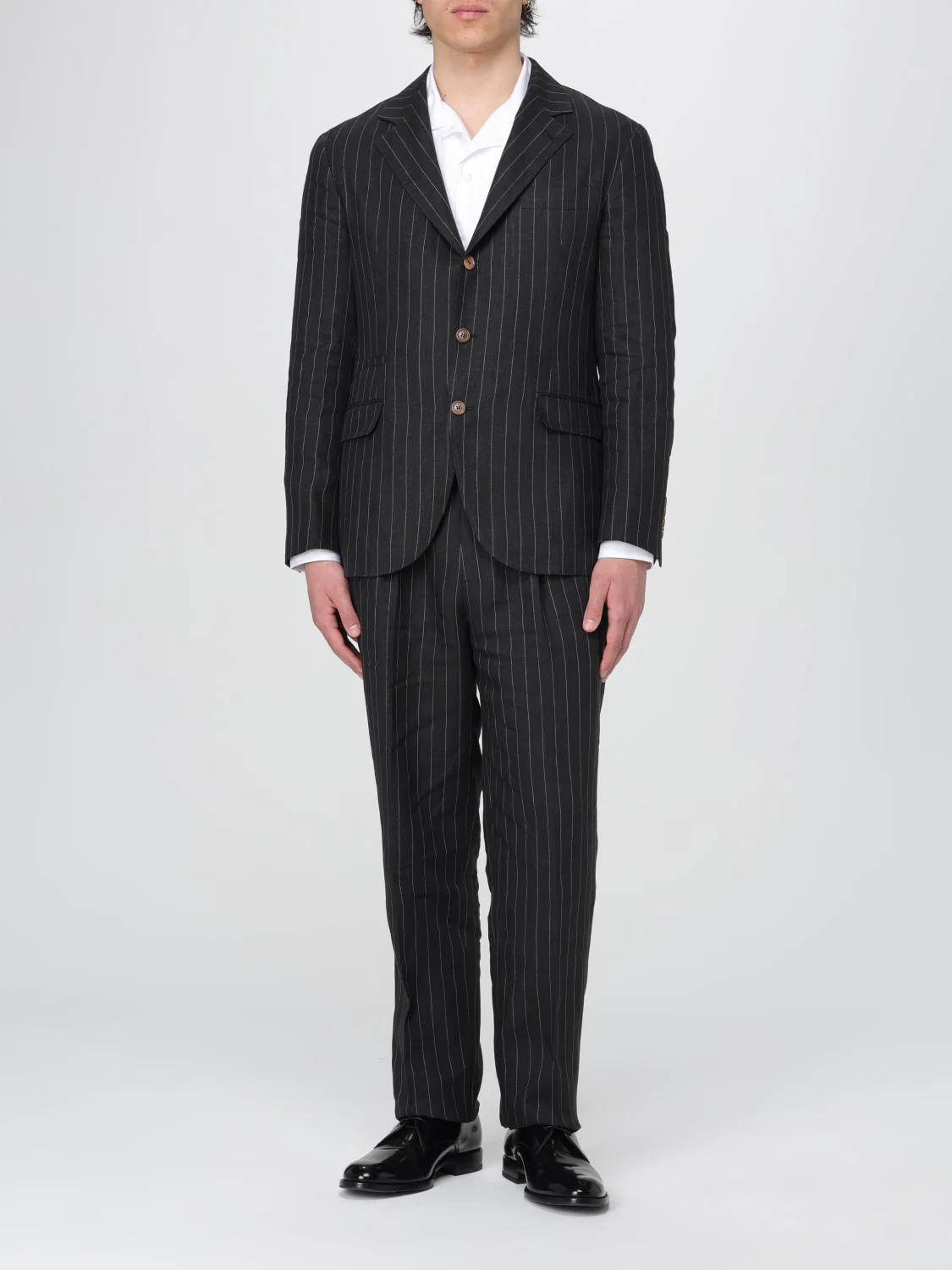 BRUNELLO CUCINELLI MEN'S BLACK LINEN PINSTRIPE BLAZER - Image 2