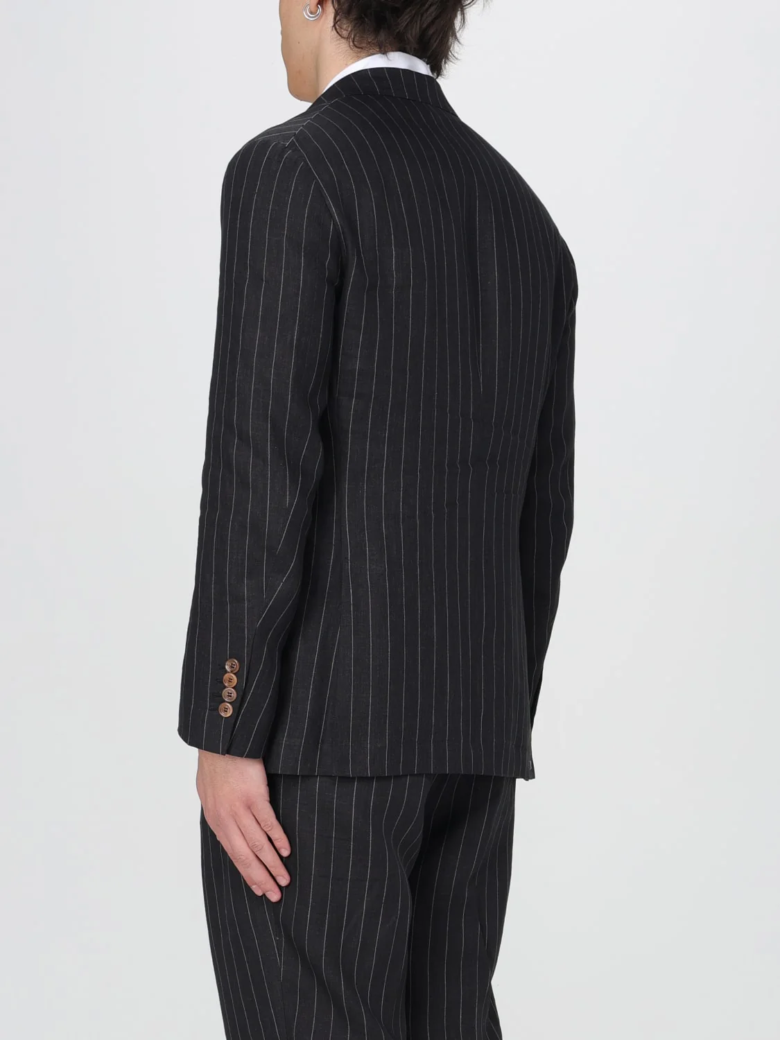 BRUNELLO CUCINELLI MEN'S BLACK LINEN PINSTRIPE BLAZER - Image 3