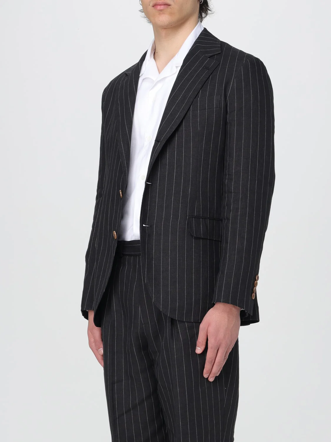 BRUNELLO CUCINELLI MEN'S BLACK LINEN PINSTRIPE BLAZER - Image 4