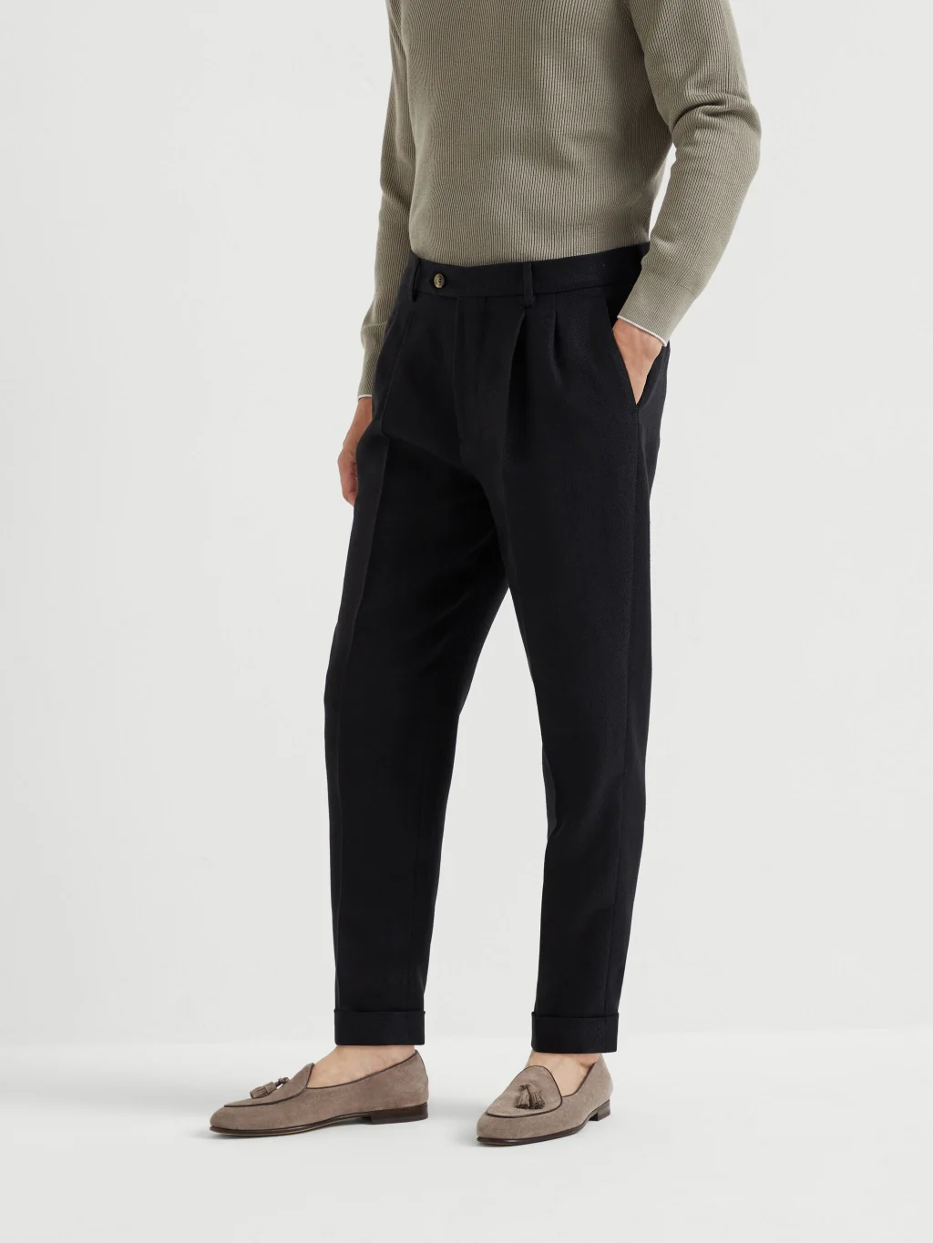 BRUNELLO CUCINELLI MEN'S BLACK LINEN SILK WOOL TROUSERS - Image 3