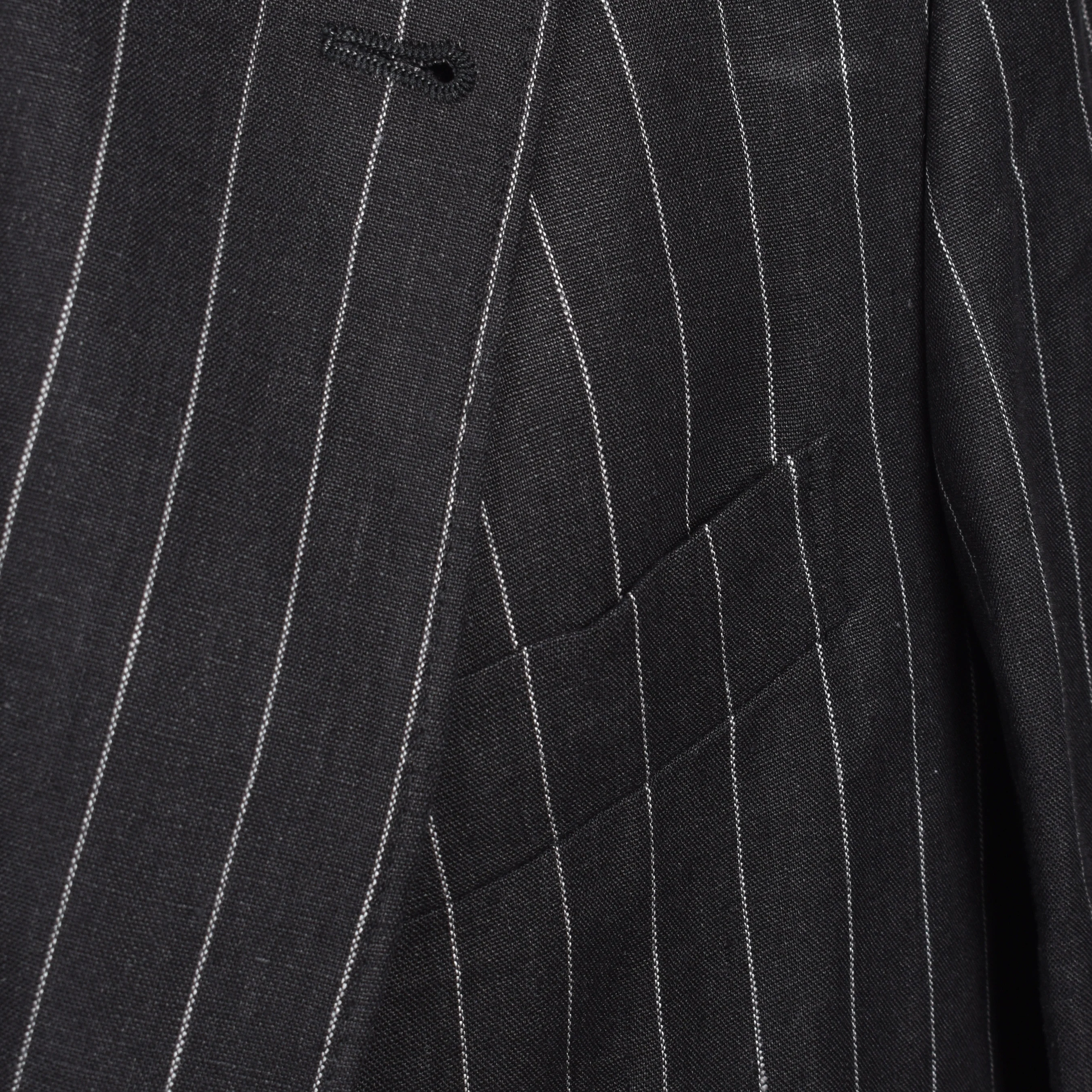 BRUNELLO CUCINELLI MEN'S BLACK LINEN STRIPED SUIT JACKET - Image 4