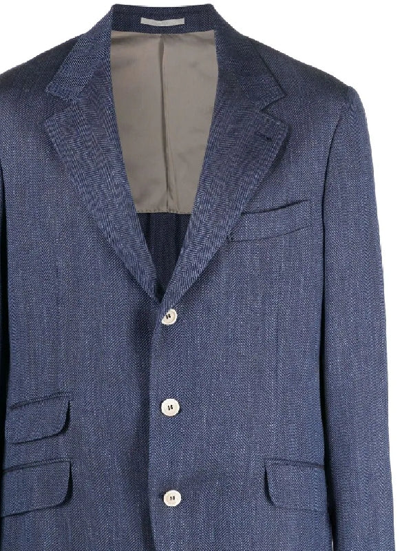 BRUNELLO CUCINELLI MEN'S BLUE HERRINGBONE DECONSTRUCTED BLAZER - Image 2