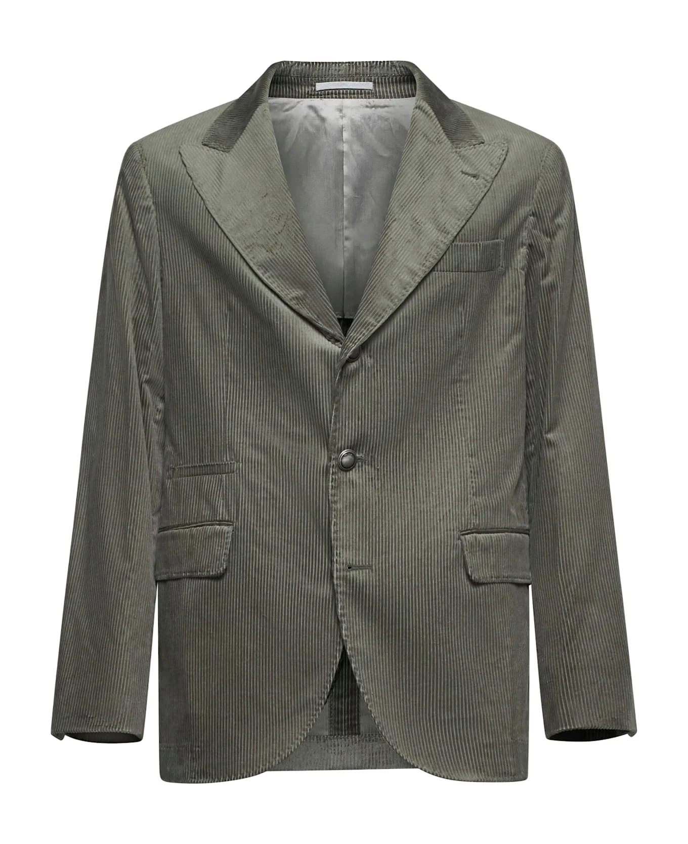 BRUNELLO CUCINELLI MEN'S OLIVE PINSTRIPE DECONSTRUCTED BLAZER