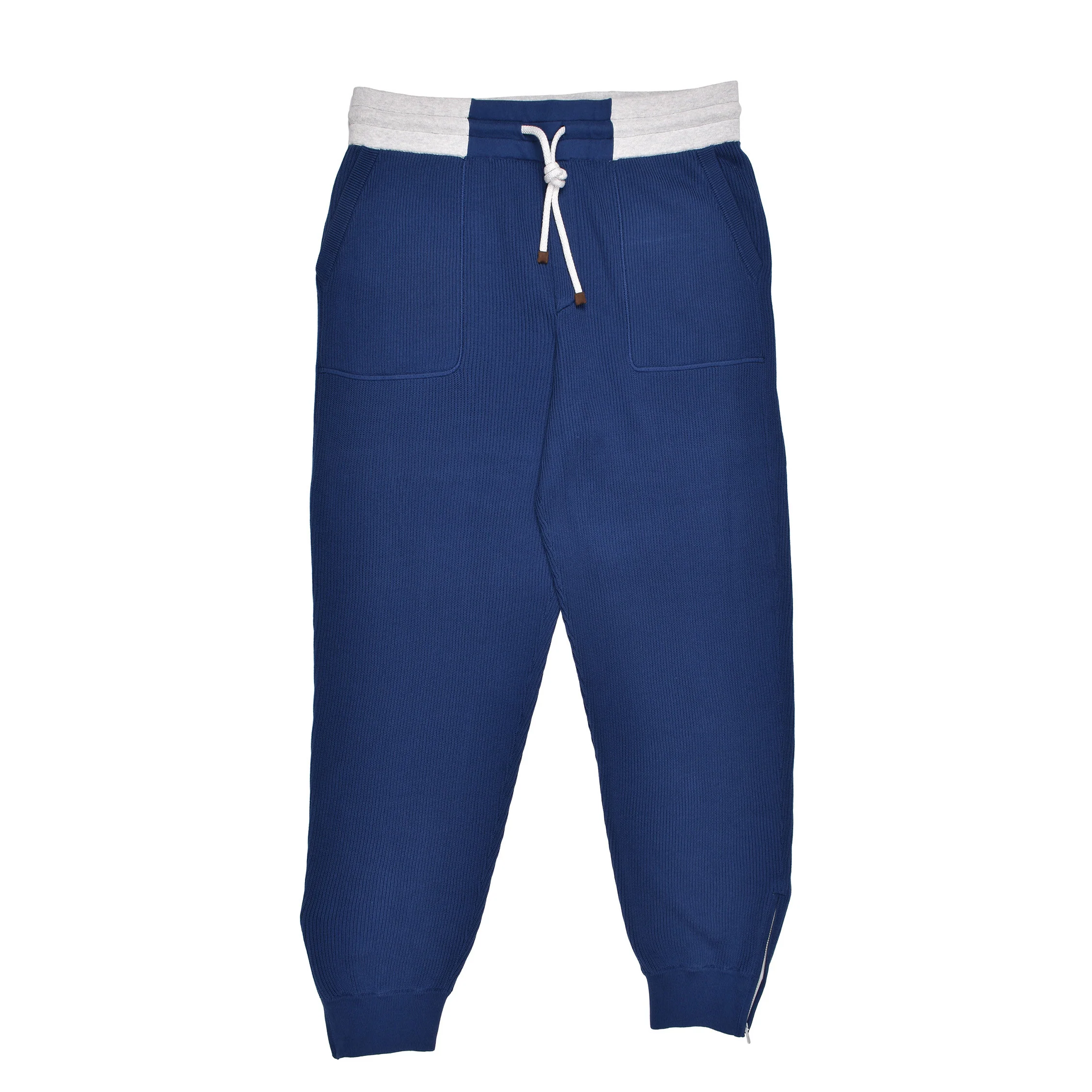 BRUNELLO CUCINELLI MEN'S BLUE KNIT TROUSERS WITH DRAWSTRING